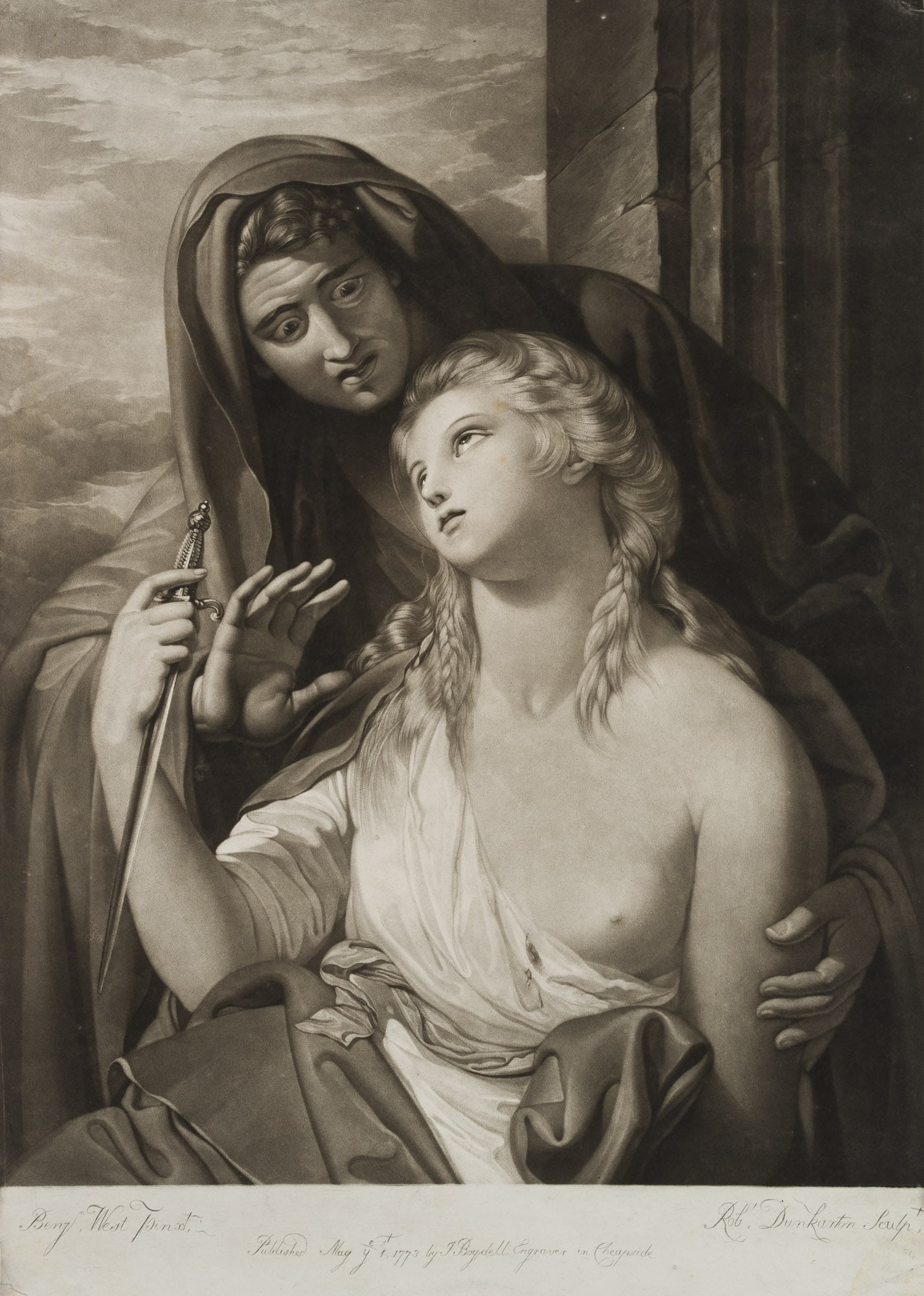 R. DUNKARTON (*1744) after WEST (*1738), Paetus and Arria, 1773,: Robert Dunkarton (1744 London - 1811 ) after Benjamin West (1738 Springfield - 1820 London): Paetus and Arria, 1773, Mezzotint Technique: Mezzotint on Date: 1773 Description: Signed and dated below t