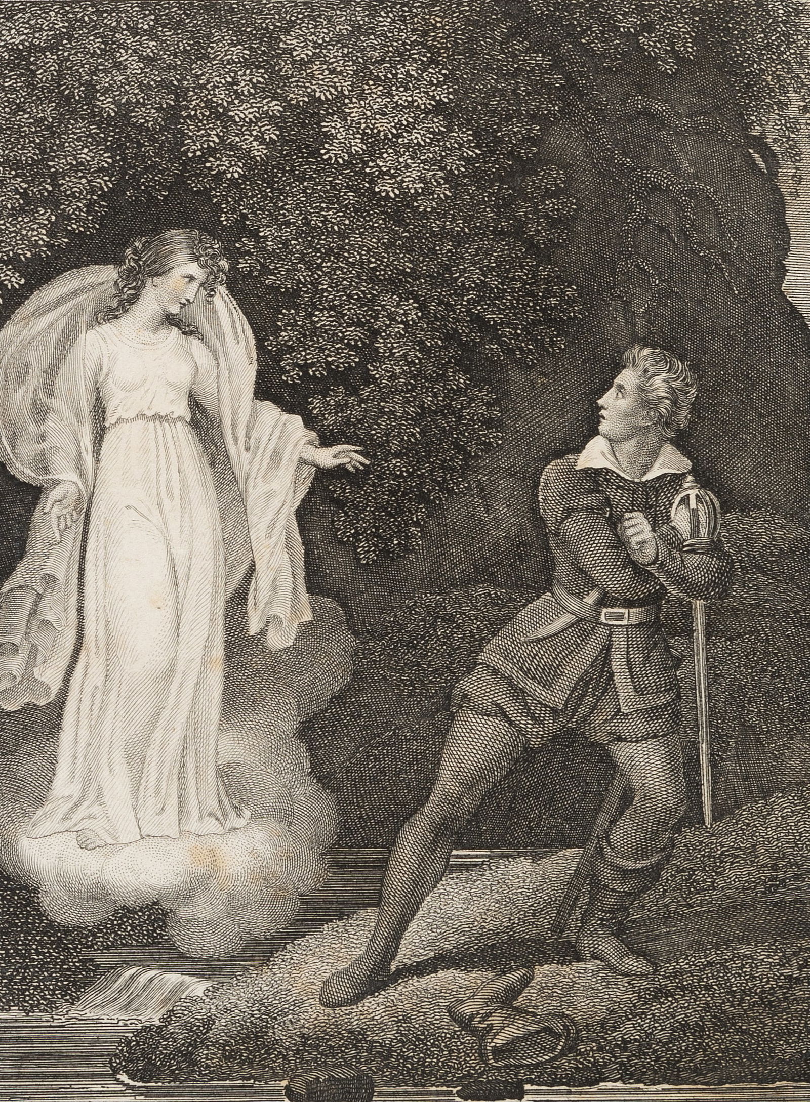 F. FLEISCHMANN (*1791), Young man to whom a beautiful woman appears,: Friedrich Fleischmann (1791 Nuremberg - 1834 Munich): "The Monastery" Night play with a young man who is surprised by a beautiful female apparition while walking into the water, , Copper engraving Tec