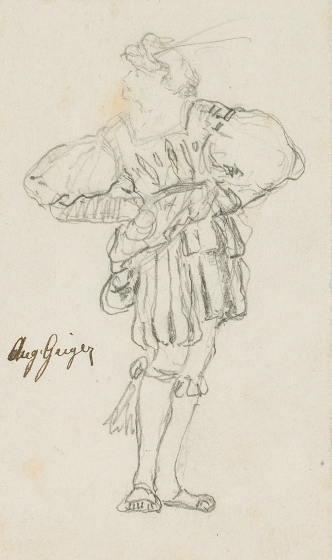 C. GEIGER (1847-1924), Study of a lansquenet's garb, Pencil: Caspar Augustin Geiger (1847 Lauingen - 1924 Munich): Costume study lansquenet with slit costume, , Pencil Technique: Pencil on Paper Inscription: Signed to the left of the depiction: "Aug. Geiger", n