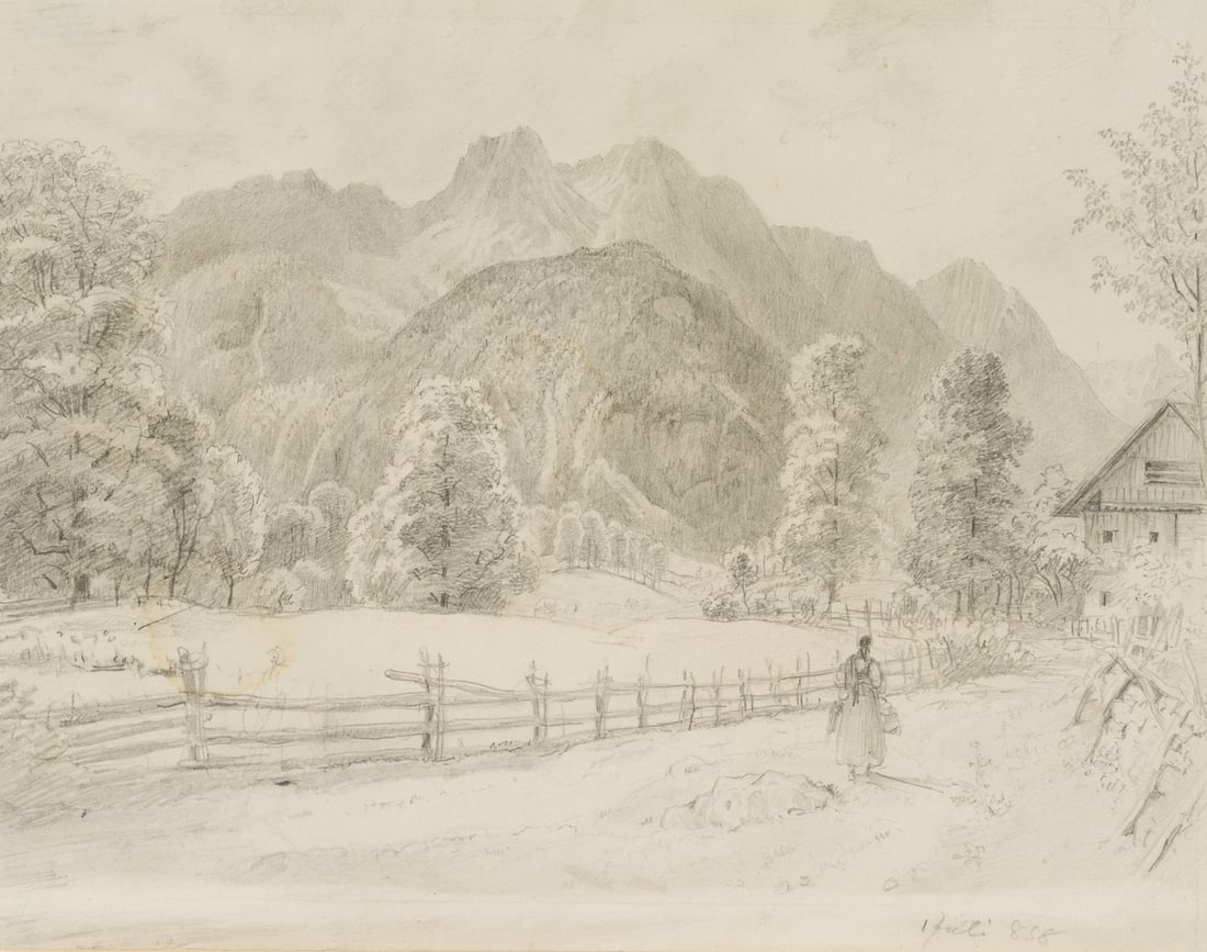 L. HALAUSKA (*1827), Austrian mountain landscape, Pencil: Ludwig Halauska (born 1827 ): Austrian mountain landscape with farmer's wife, , Pencil Technique: Pencil on Paper Stamp: Collector's stamp, Lugt no.: 1372. Heinrich Schwarz (geb.1894). Vienna. 20th ce