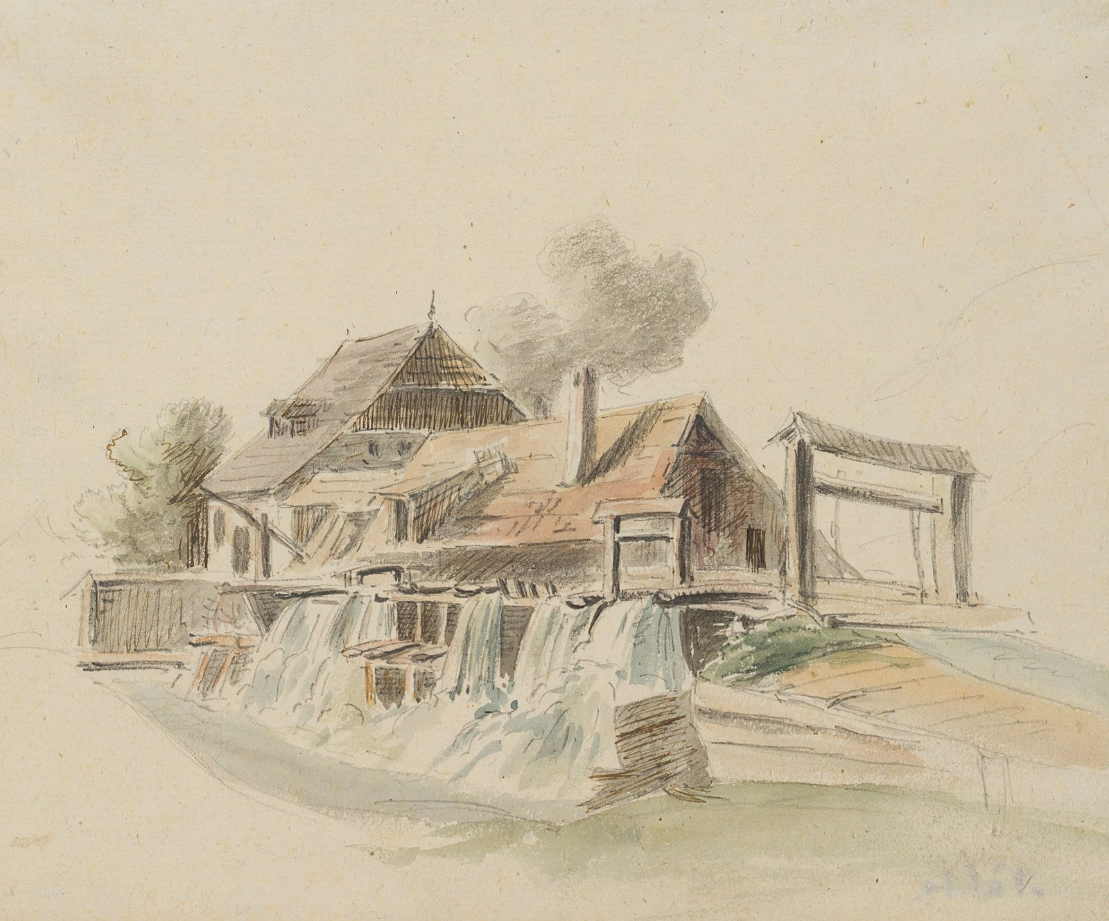 C. NATHE (1753-1806) Circle, View of a mill, Pencil: Christoph Nathe (1753 Niederbielau - 1806 Schadewalde) Circle: View of a watermill with a roaring millstream, , Pencil Technique: Watercolored Pencil and Pen drawing on Paper Inscription: Verso inscri