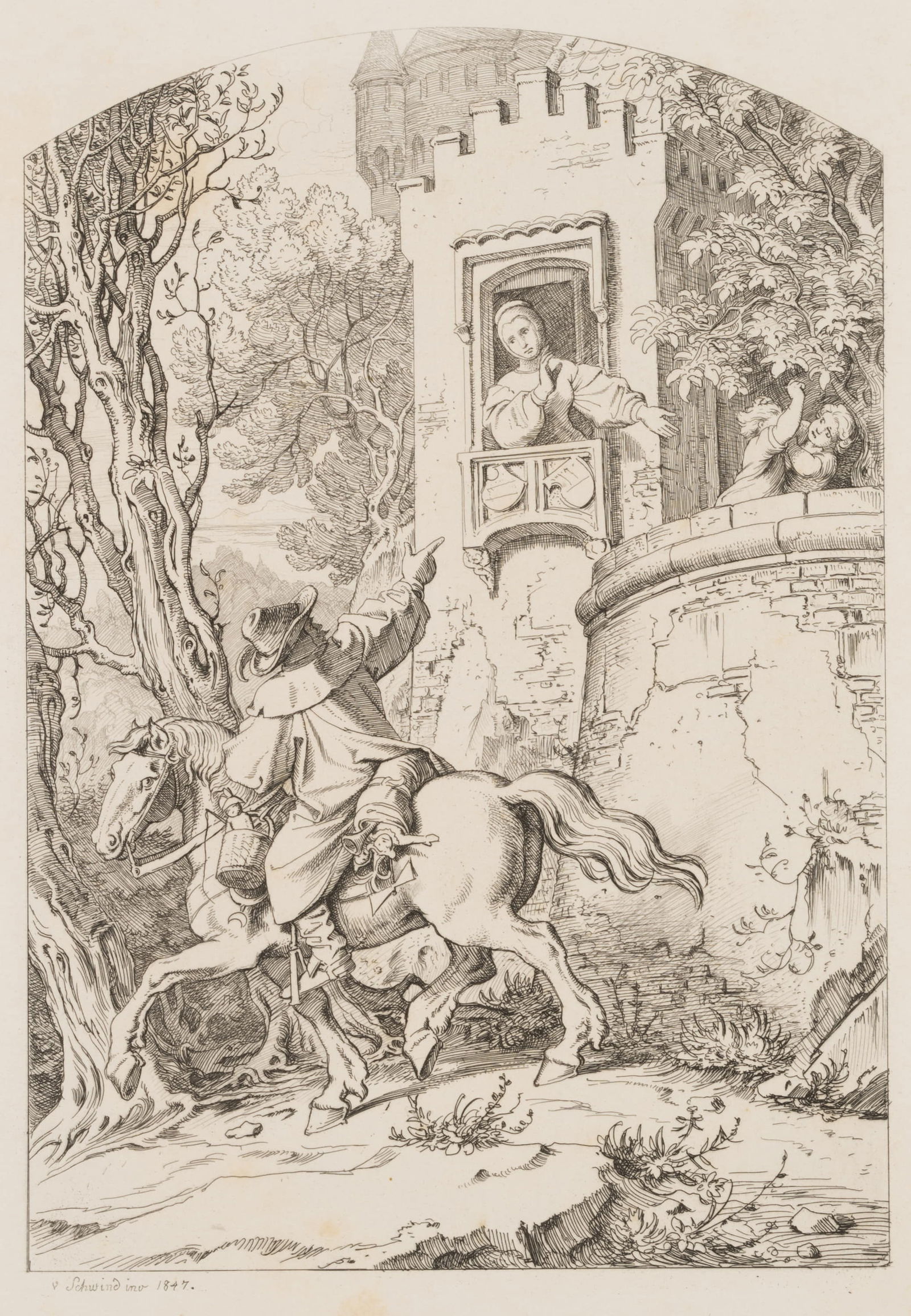E. NEUREUTHER (*1806) after SCHWIND (*1804), Illustration for Vom Reitersmann,: Eugen Napoleon Neureuther (1806 Munich - 1882 ibid.) after Moritz von Schwind (1804 Vienna - 1871 Munich): Illustration of "Vom Reitersmann" from Georg Scherer's "Old and New Children's Songs, , Etchi