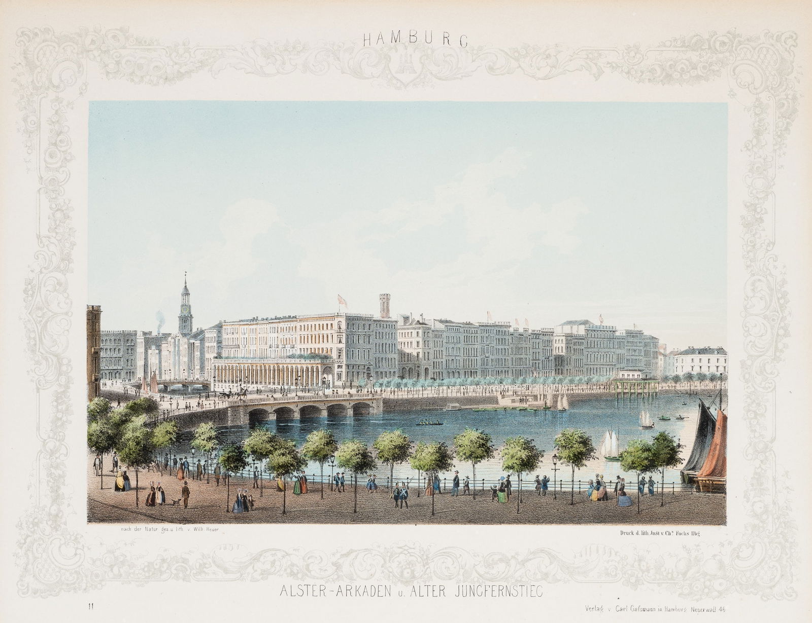 W. HEUER (1813-1890), Hamburg. Alsterarkaden and Alter Jungfernstieg, around 1850, Lithography (1 of 5)