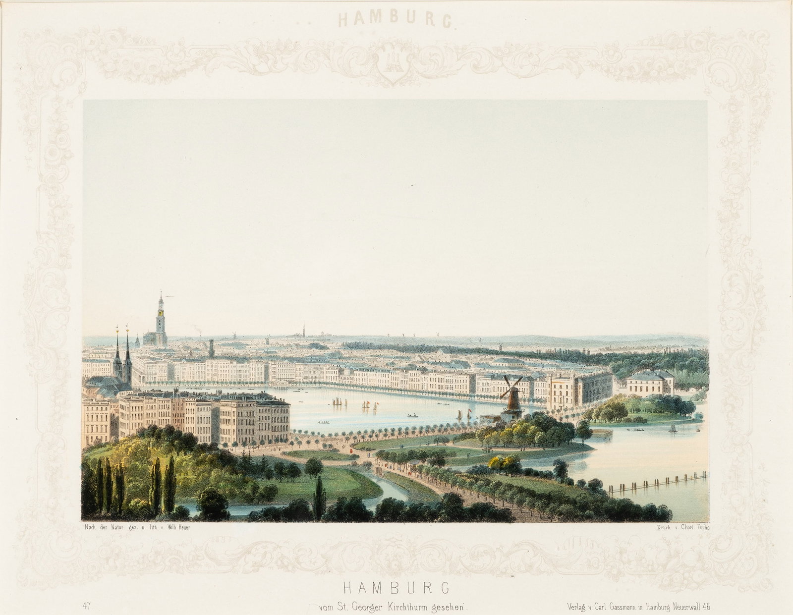 W. HEUER (1813-1890), Hamburg-Panorama, around 1850, Lithography: Wilhelm Heuer (1813 Hamburg - 1890 ibid.): Detailed panoramic view of Hamburg as seen from St Georg, c. 1850, Lithography Technique: Hand colored Lithography on Paper Inscription: At the lower part si