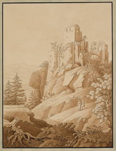 C. SPRINCK (1769-1831), Frauenstein in the Ore Mountains, around 1790, Indian ink: Christian Friedrich Sprinck (1769 Dresden - 1831 ibid.): Frauenstein Castle ruins in the Ore Mountains, c. 1790, Indian ink Technique: Washed Indian ink on Paper Inscription: verso inscribed (signed ?