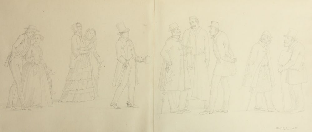 O. DONNER VON RICHTER (*1828), Spa guests in Bad Wildbad, Black Forest, 1857, Pencil: Otto Donner von Richter (1828 Frankfurt on the Main - 1911 ibid.): Illustrious spa guests in Bad Wildbad in the Black Forest, 1857, Pencil Technique: Pencil on Paper Inscription: At the bottom right i