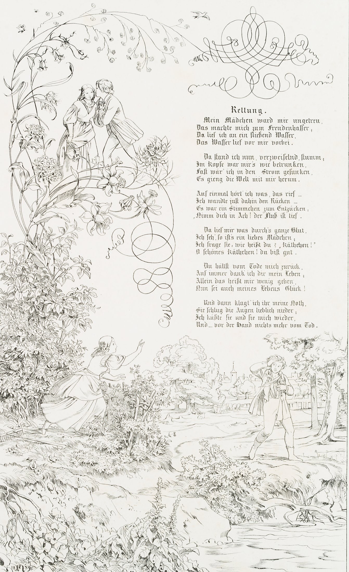 E. NEUREUTHER (*1806), Goethe's poem Rescue, 1839, Lithography with pen: Eugen Napoleon Neureuther (1806 Munich - 1882 ibid.): Illustration for Goethe's poem "Rescue", 1839, Lithography with pen Technique: Lithography with pen on Paper Stamp: Verso Collector's stamp, Walte