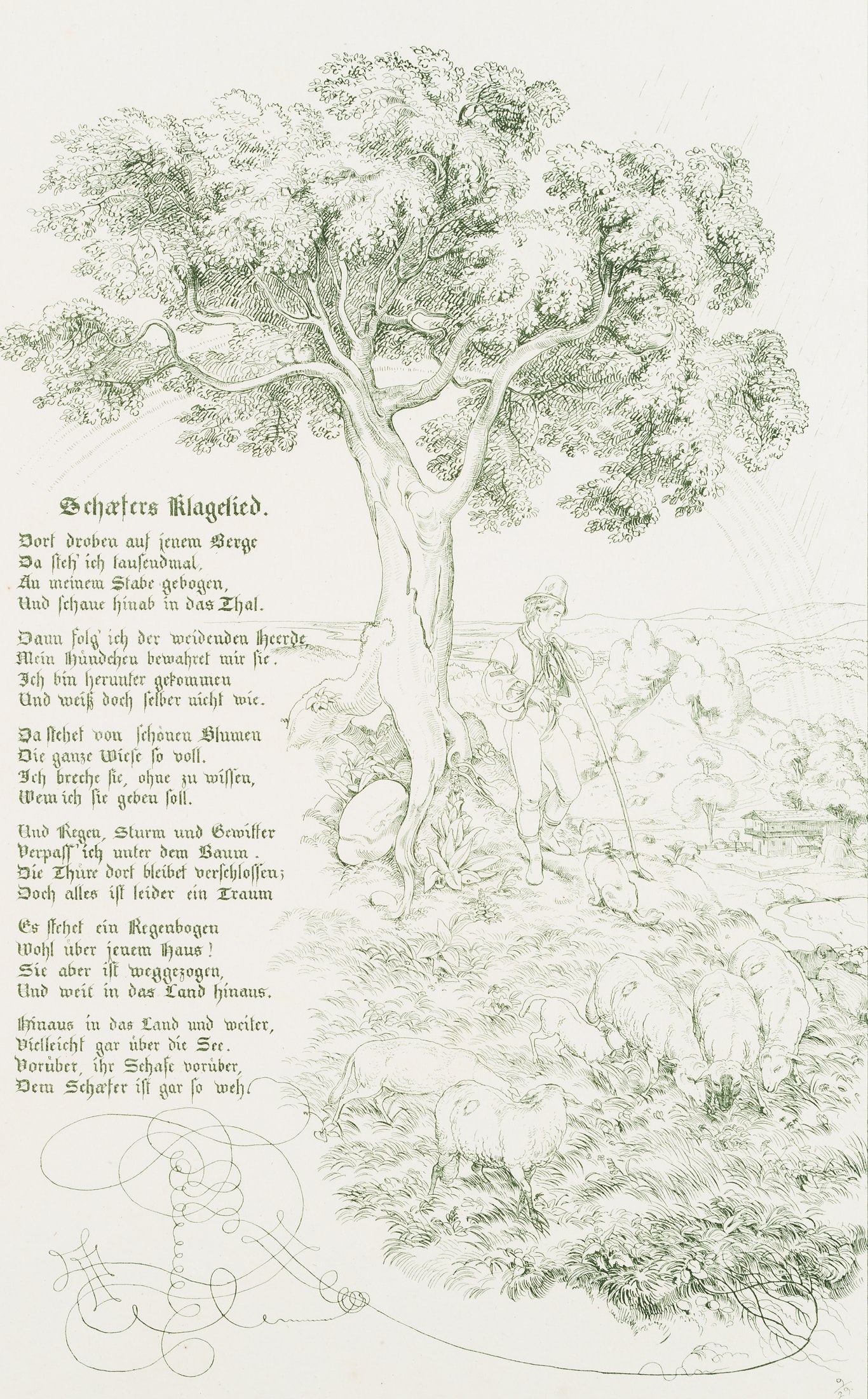 E. NEUREUTHER (*1806), Goethe's ballad Schäfers Klagelied, 1829, Lithography with pen: Eugen Napoleon Neureuther (1806 Munich - 1882 ibid.): Illustration of Goethe's ballad "Schäfer's Lament" (German), 1829, Lithography with pen Technique: Lithography with pen on Paper Stamp: Lower