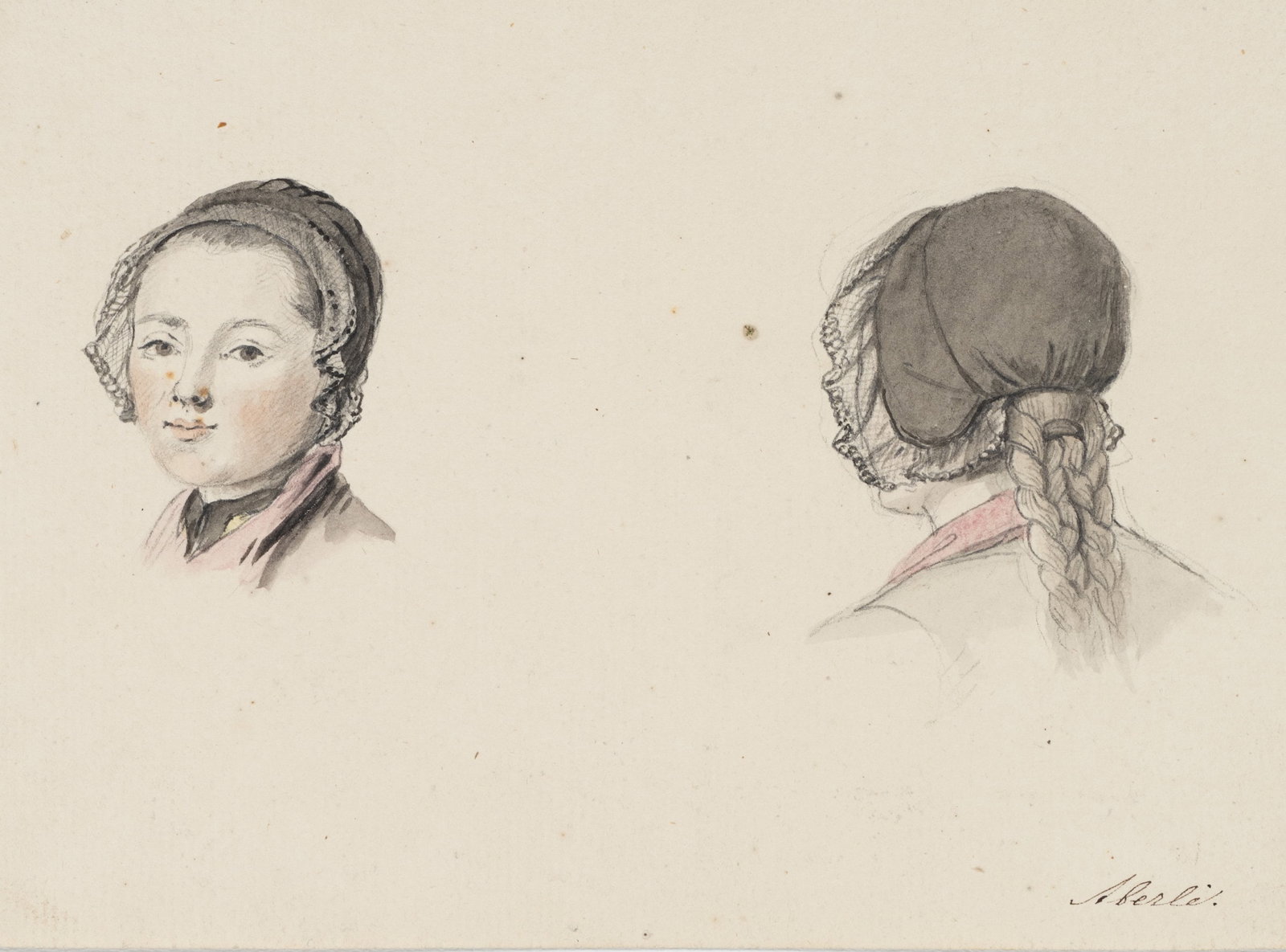 J. ABERLI (1723-1786), Studies of a woman wearing a bonnet, 2 perspectives, around 1750, Watercolor (1 of 5)