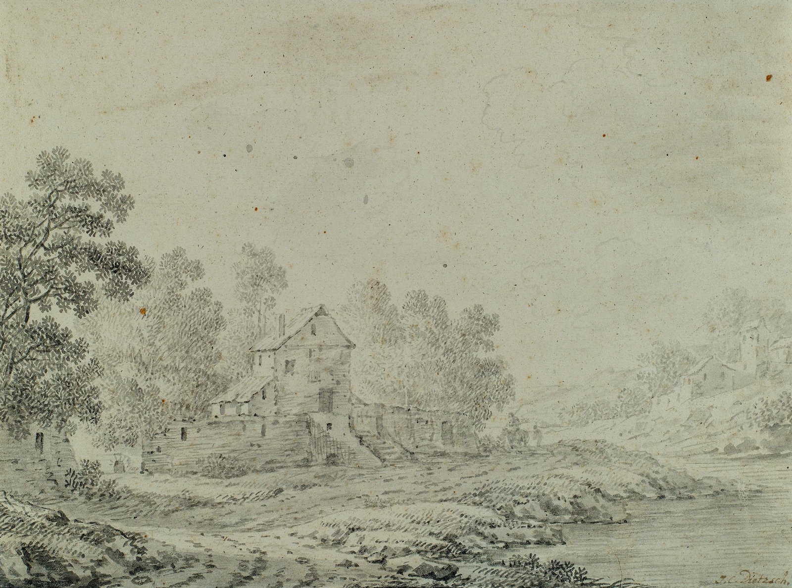 J. DIETZSCH (1710-1769), Rural landscape, around 1750, Indian ink: Johann Christoph Dietzsch (1710 Nuremberg - 1769 ibid.): Landscape with farmstead, c. 1750, Indian ink Technique: Indian ink on Paper Watermark: indeterminate signs: Undeterminable watermark | Date: I