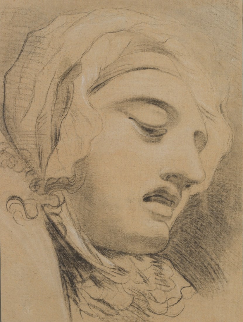 After GREUZE (*1725), Head study of a lady wearing a bonnet, around 1750, Charcoal: After Jean-Baptiste Greuze (1725 Tournus - 1805 Paris): Head study of a lady wearing a bonnet, c. 1750, Charcoal Technique: White heightened Charcoal on Paper Date: c. 1750 Description: The depiction 