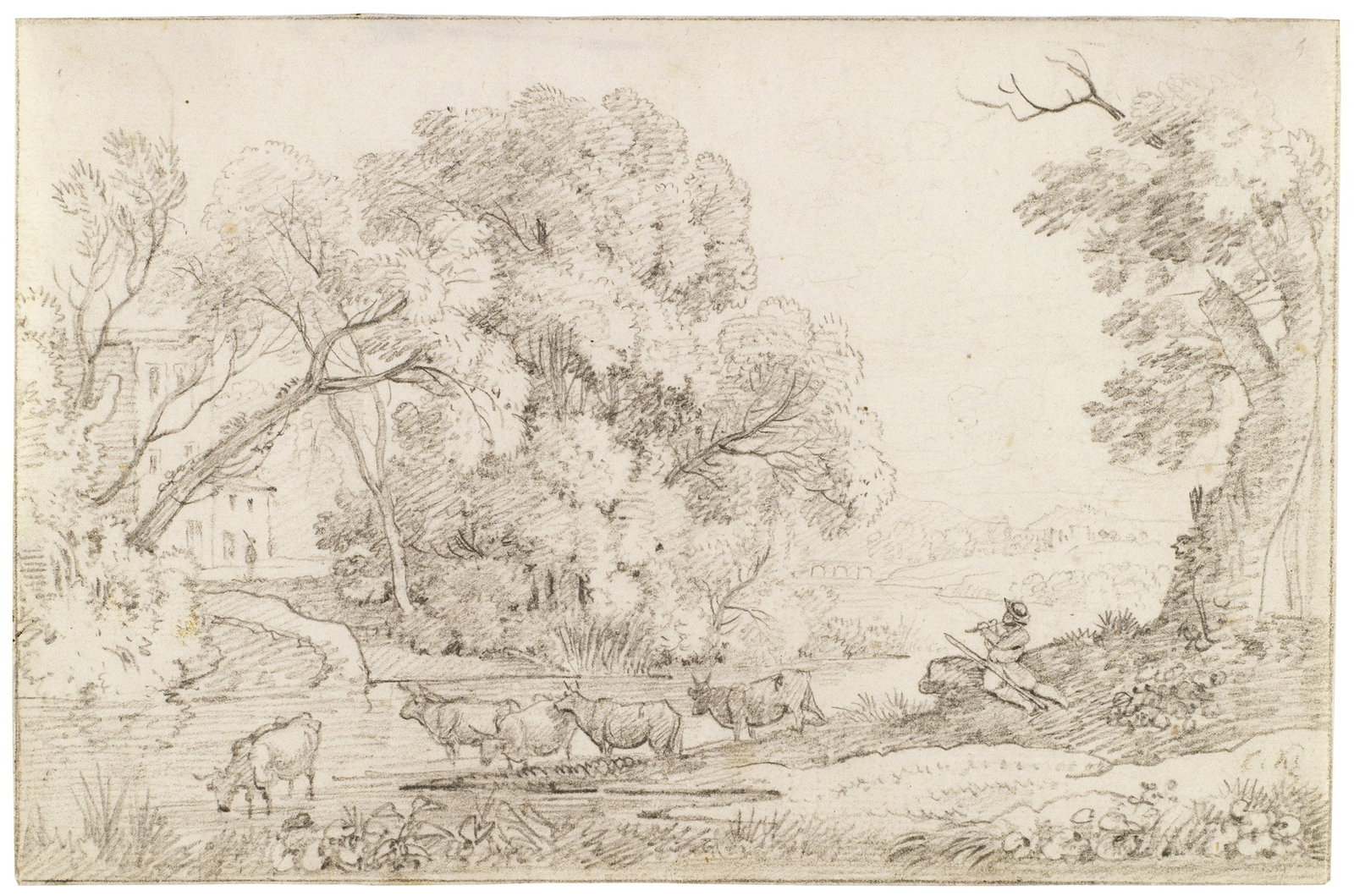 J. KLENGEL (*1751) after LORRAIN (*1600), The Cowherd, around 1780, Pencil: Johann Christian Klengel (1751 - 1824 ibid.) after Claude Lorrain (1600 Chamagne, Lorraine - 1682 Rom): The Cowherd, c. 1780, Pencil Technique: Pencil on Paper Inscription: Lower right monogrammed: "C