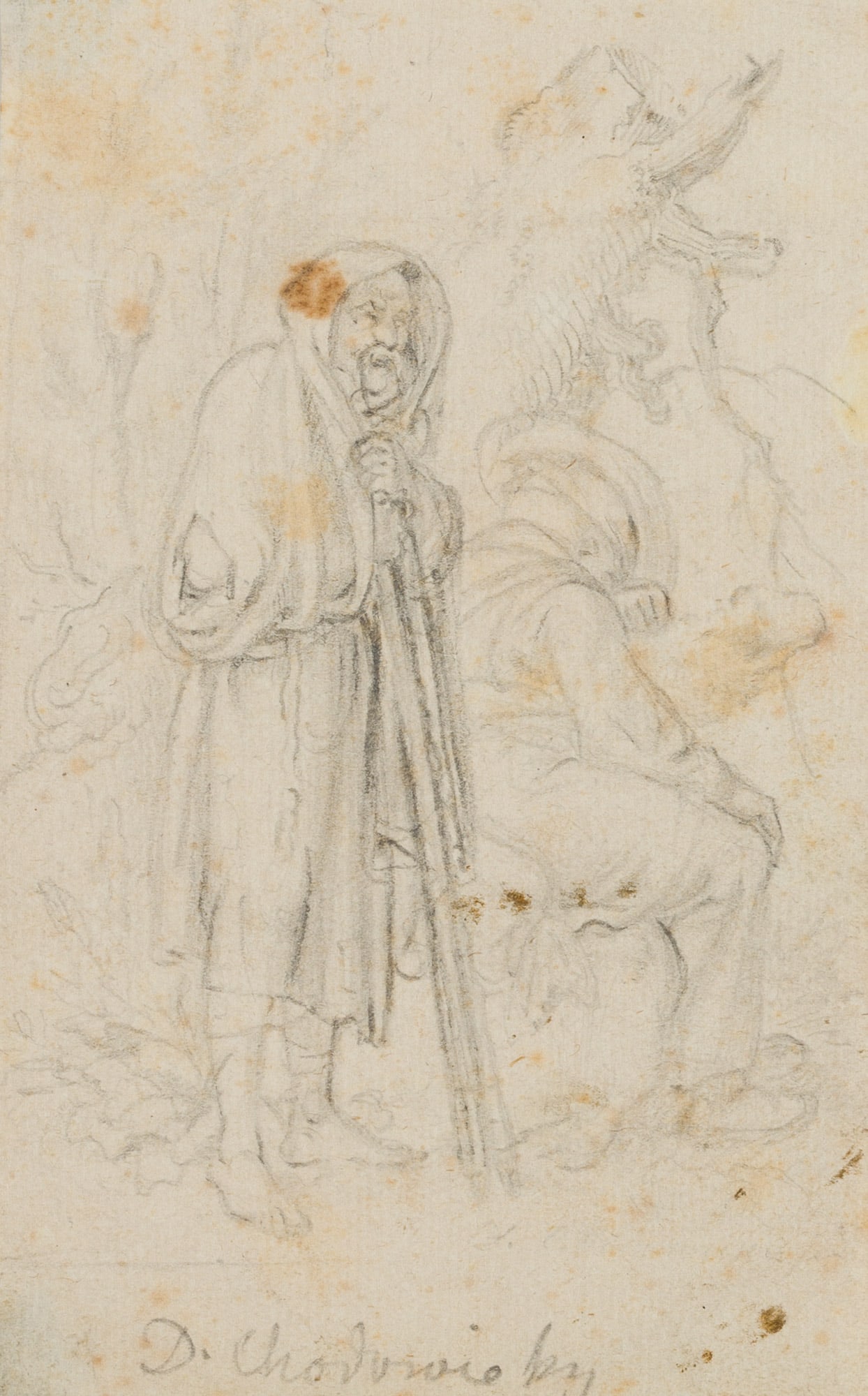 J. MEIL (1733-1805) attributed, Scene with a beggar, Pencil: Johann Wilhelm Meil (1733 Altenburg - 1805 Berlin) attributed: Scene with a beggar, 18th century, Pencil Technique: Pencil on Paper Date: 18th century Description: Inscribed on the front: "D. Chodowie