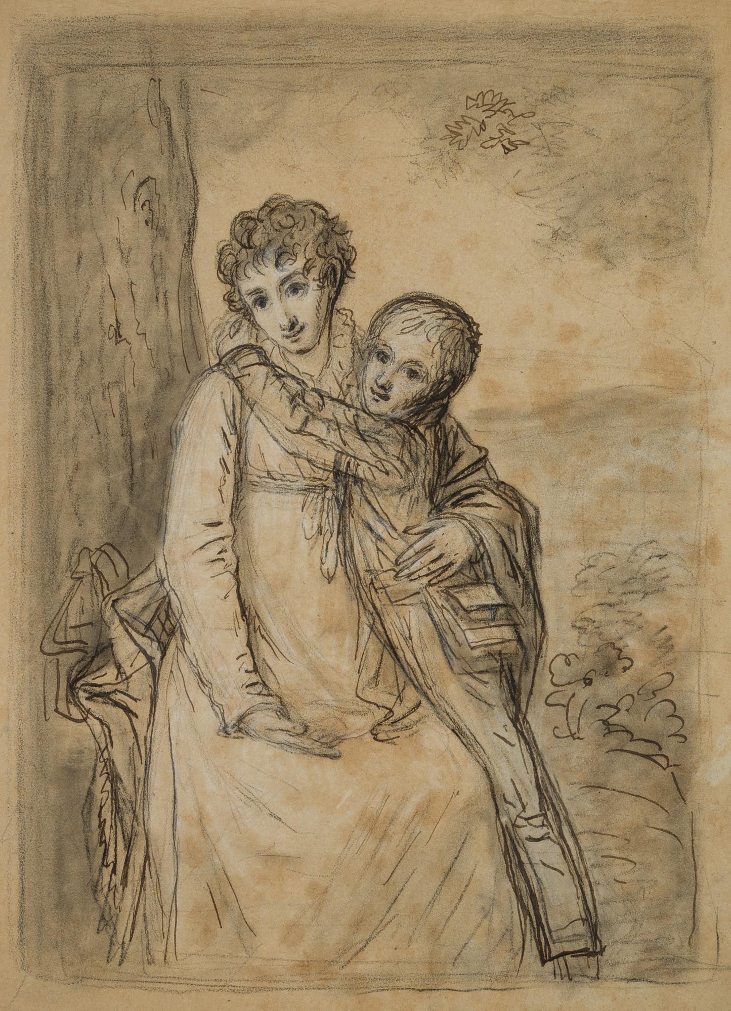 Unknown (18th), Mother and son, Brush drawing: Unknown (18th century): Mother and son, 18th century, Brush drawing Technique: Washed Brush drawing over Charcoal on Paper Date: 18th century Description: Trimmed larger version of the depiction on th