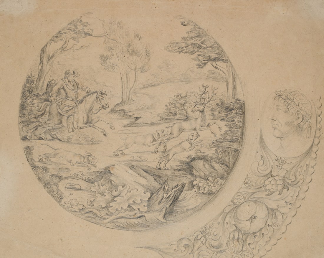 Unknown (18th), Target design, Deer Hunt, around 1790, Pencil (1 of 4)
