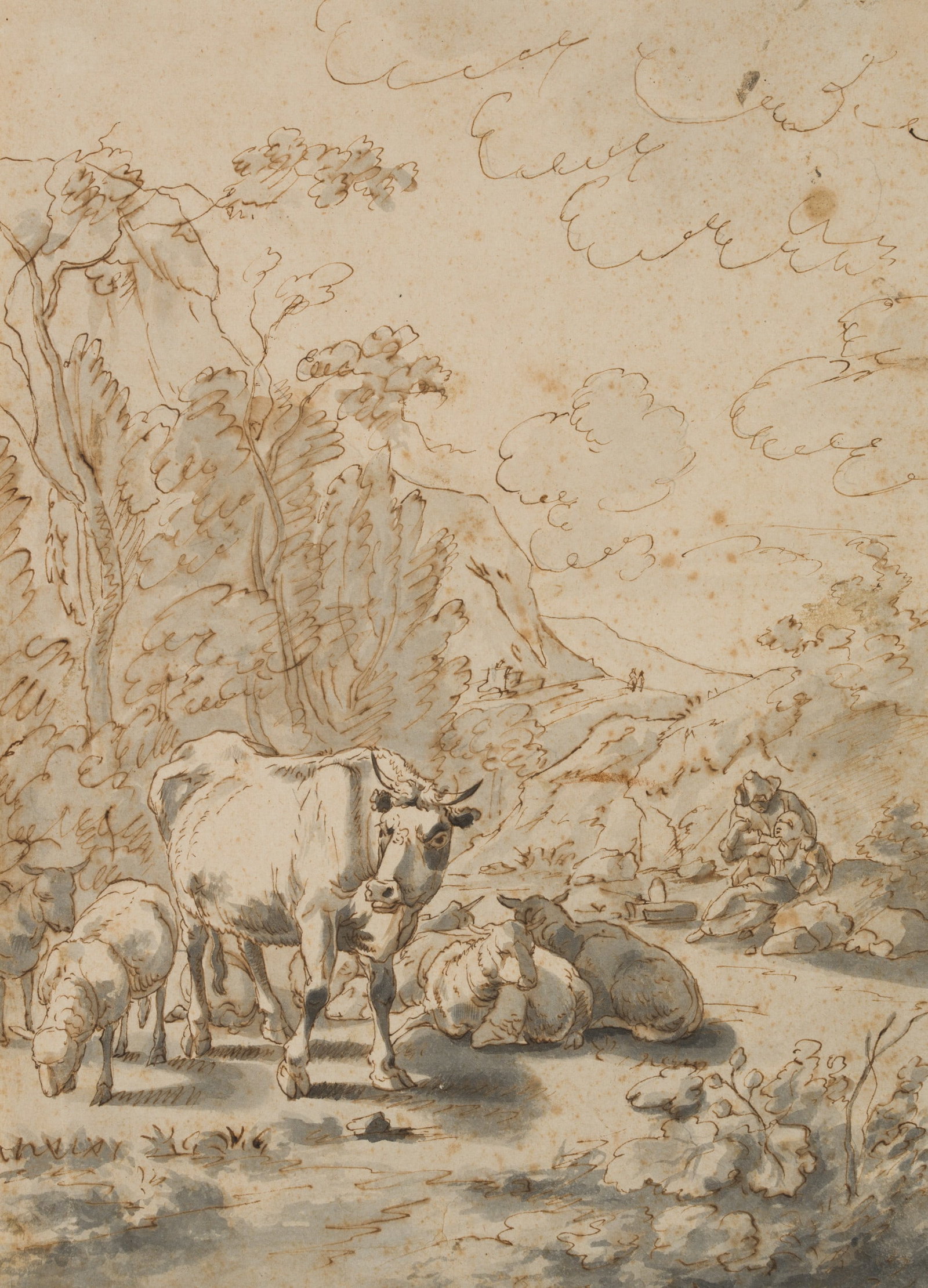 Unknown (18th), Pastoral landscape with shepherds, around 1780, Indian ink: Unknown (18th century): Vegetation-rich landscape with grazing cows and sheep and shepherds, c. 1780, Indian ink Technique: Washed Indian ink on Paper Date: c. 1780 Description: Grazing cows and sheep