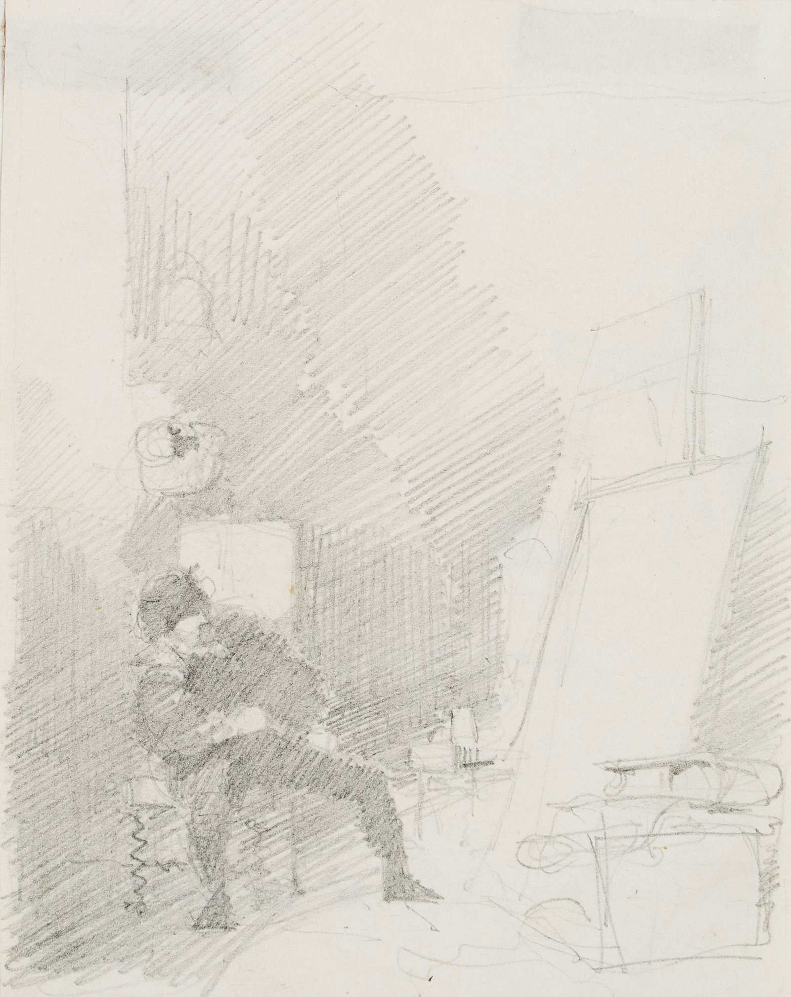 M. ADAMO (1837-1901), An artist standing before a blank canvas, Pencil: Max Adamo (1837 Munich - 1901 ibid.): Artist in front of an empty canvas in a barren studio, 19th century, Pencil Technique: Pencil on Paper Inscription: Verso inscribed by another person: "[...] M. A