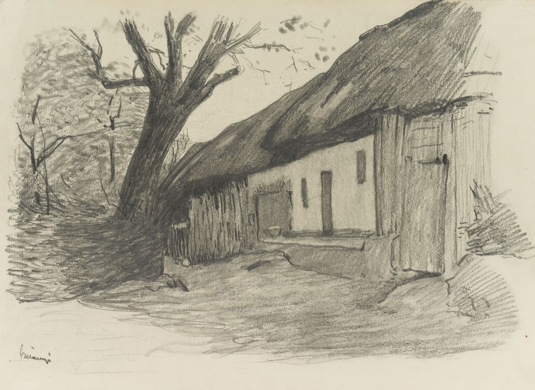 BERANYI (19th), Thatched-roof house and tree, Pencil (1 of 6)