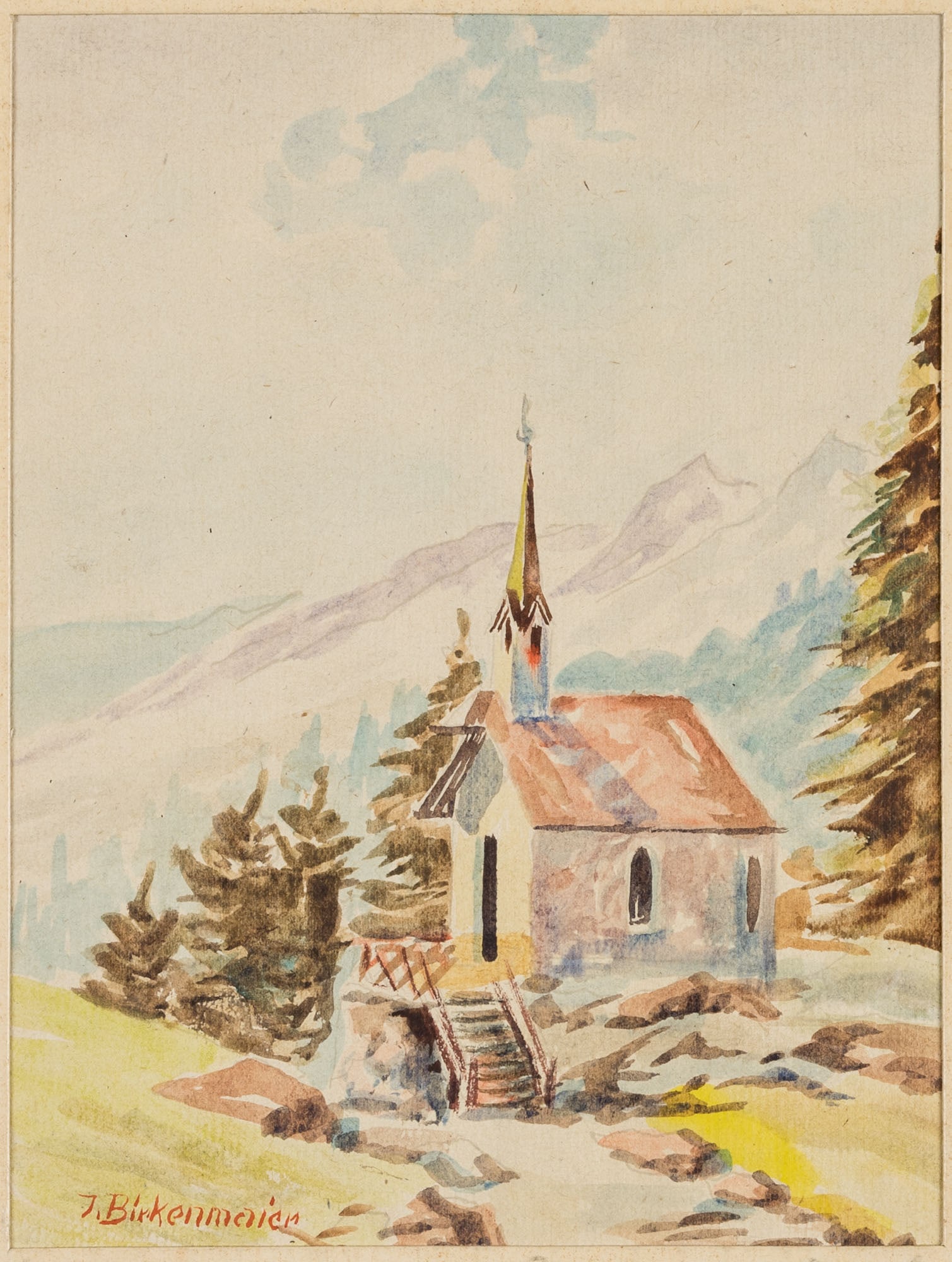J. BIRKENMAIER (19th), Alpine landscape with a chapel, Watercolor (1 of 4)