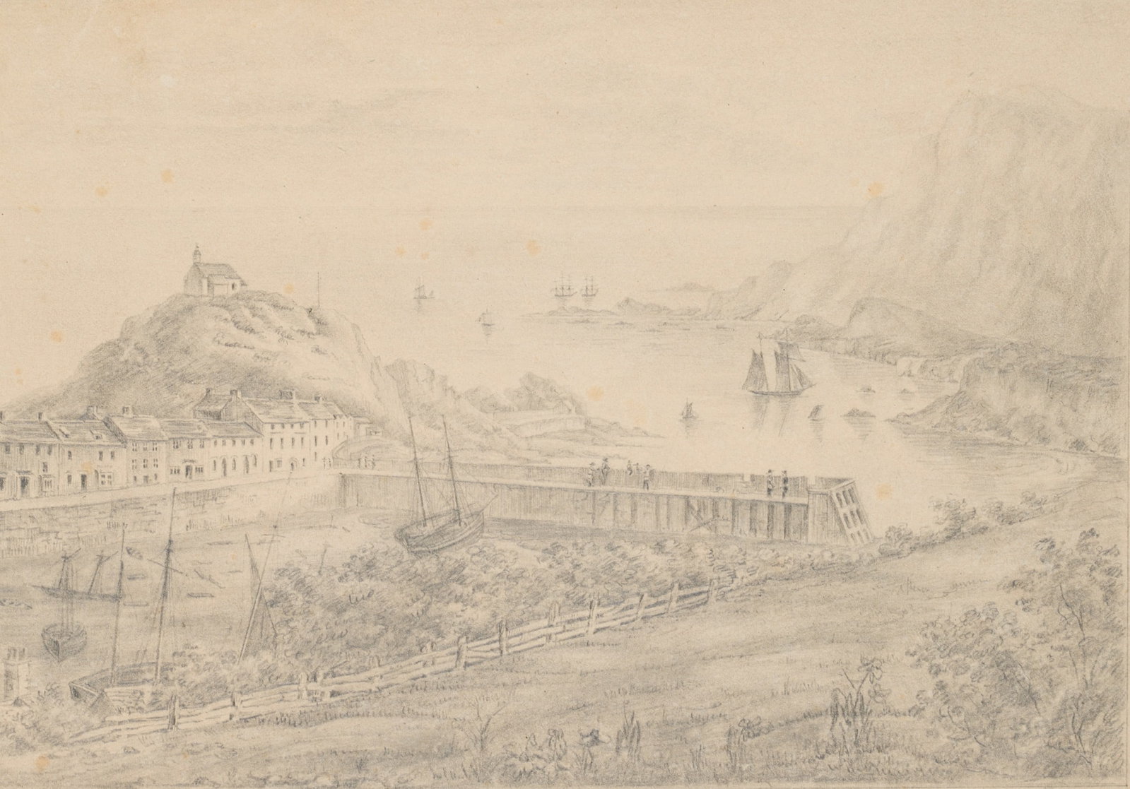 E. BOLLMANN (1825-1892), A view of a small coastal town, Pencil (1 of 4)
