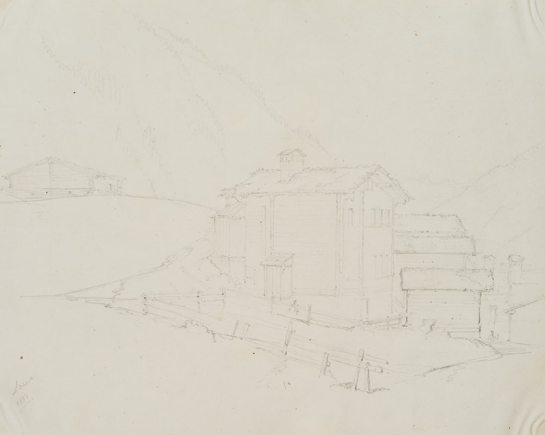 E. BRETENIÈRES (*1804), Mountain farms near Leuk, Loéche, Valais, Switzerland, 1851,: Edmond de Bretenières (1804 Dijon - 1882 ibid.): Mountain farms or inns near Leuk in the canton of Valais, Loéche, Leigg, "Louesch", journey to Switzerland, sketchbook, 1851, Pencil Techniqu