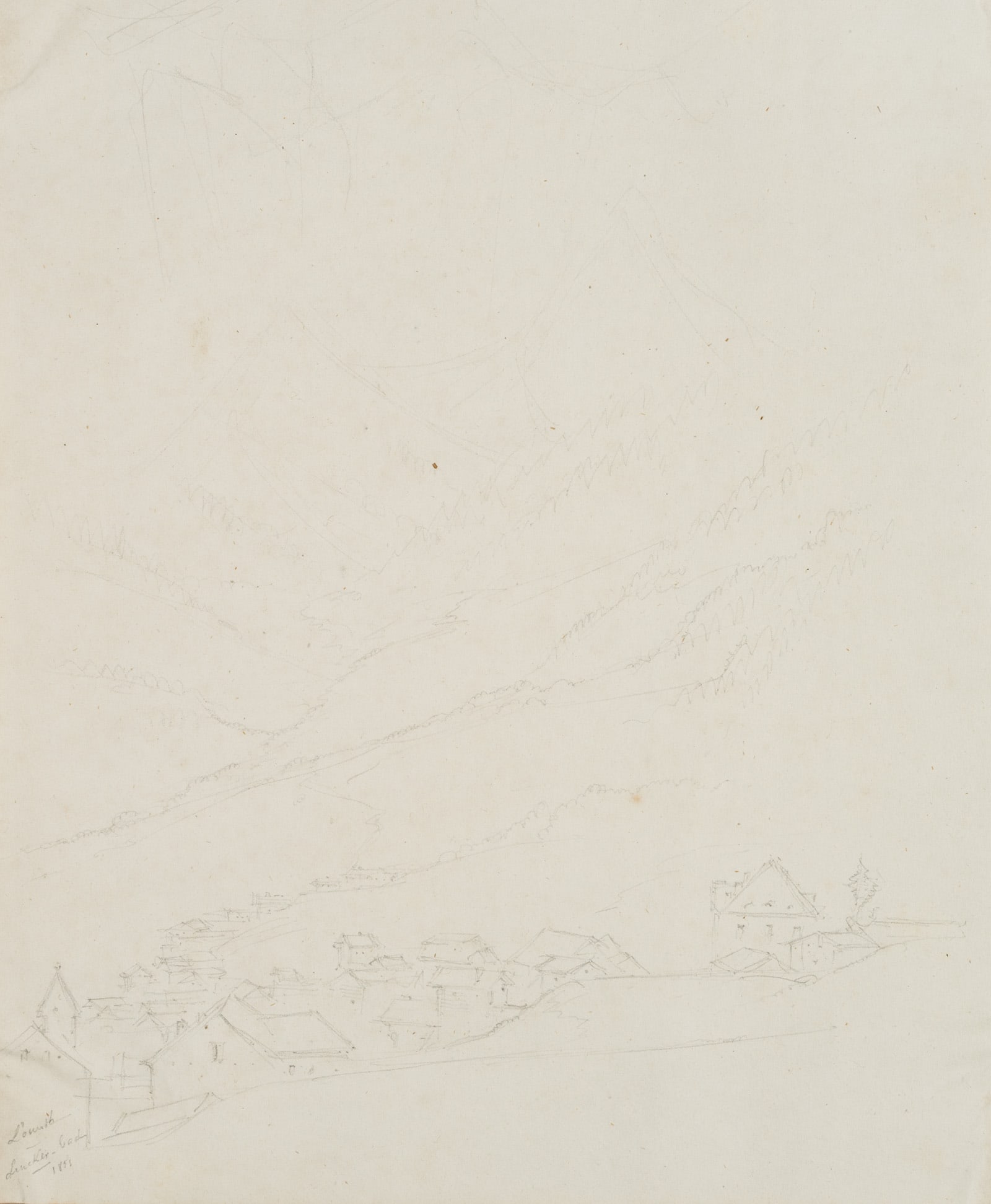 E. BRETENIÈRES (*1804), Leukerbad in the Dala Valley, Switzerland, 1851, Pencil: Edmond de Bretenières (1804 Dijon - 1882 ibid.): View of Leukerbad in the Dala Valley in the canton of Valais, Loéche-les-Bains, Leiggerbad, Journey to Switzerland, Sketchbook, 1851, Pencil 