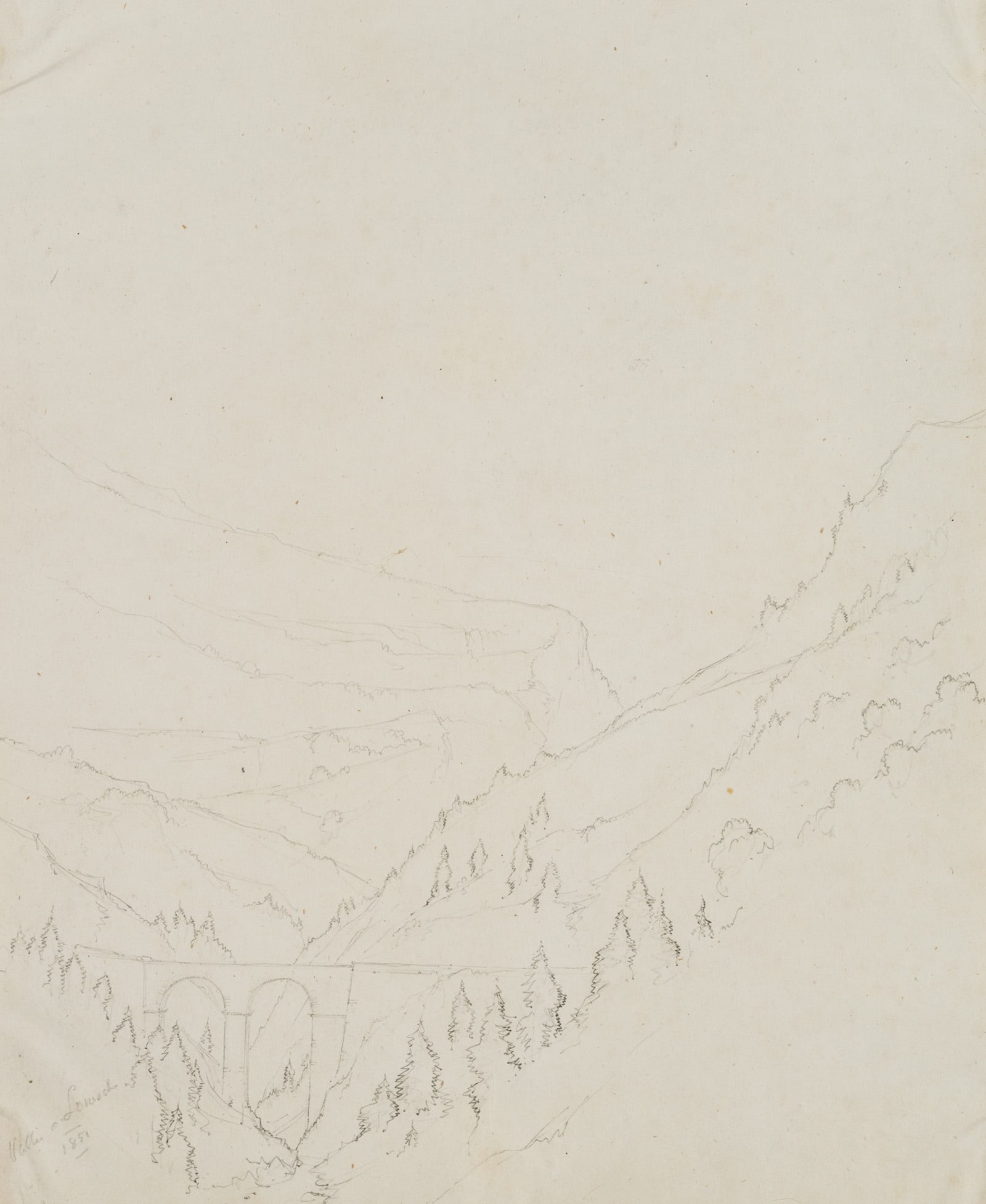 E. BRETENIÈRES (*1804), Viaduct near Leuk, Valais, in the Dala Valley, Switzerland, 1851,: Edmond de Bretenières (1804 Dijon - 1882 ibid.): Viaduct near Leuk in the Dala Valley in the canton of Valais, Loéche-les-Bains, Leiggerbad, "Vallée a Louesch", journey to Switzerland, 