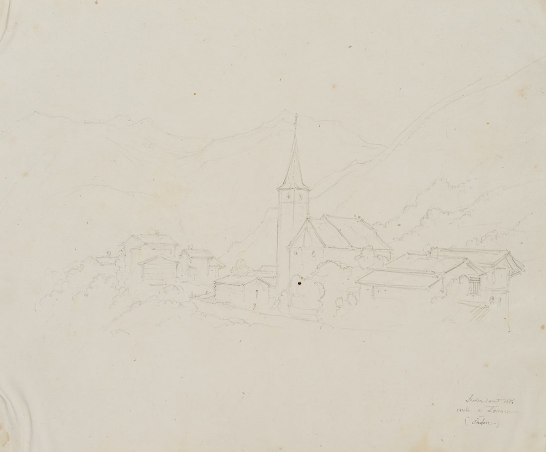 E. BRETENIÈRES (*1804), Inden VS in the Dalatal, Switzerland, 1851, Pencil: Edmond de Bretenières (1804 Dijon - 1882 ibid.): View of Inden in the Dala valley in the canton of Valais, "Vallée a Louesch", journey to Switzerland, sketchbook, 1851, Pencil Technique: Pen