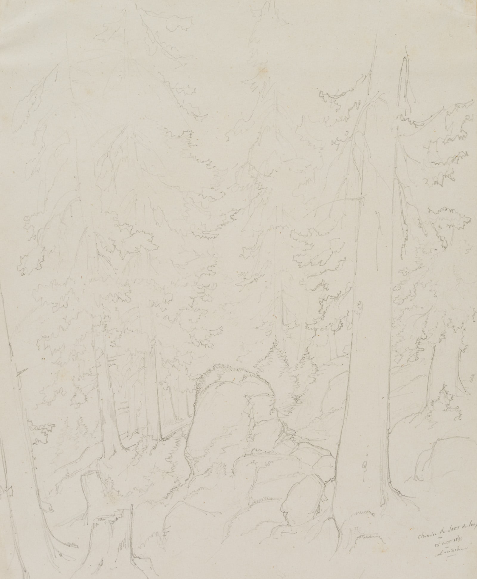 E. BRETENIÈRES (*1804), Woods near Saut du Loup, Loéche, Switzerland, 1851, Pencil: Edmond de Bretenières (1804 Dijon - 1882 ibid.): Forest near Saut du Loup in the canton of Valais, Loéche, Leigg, "Chemin du Saut du Loup à Louesch", Journey to Switzerland, Sketchbook,