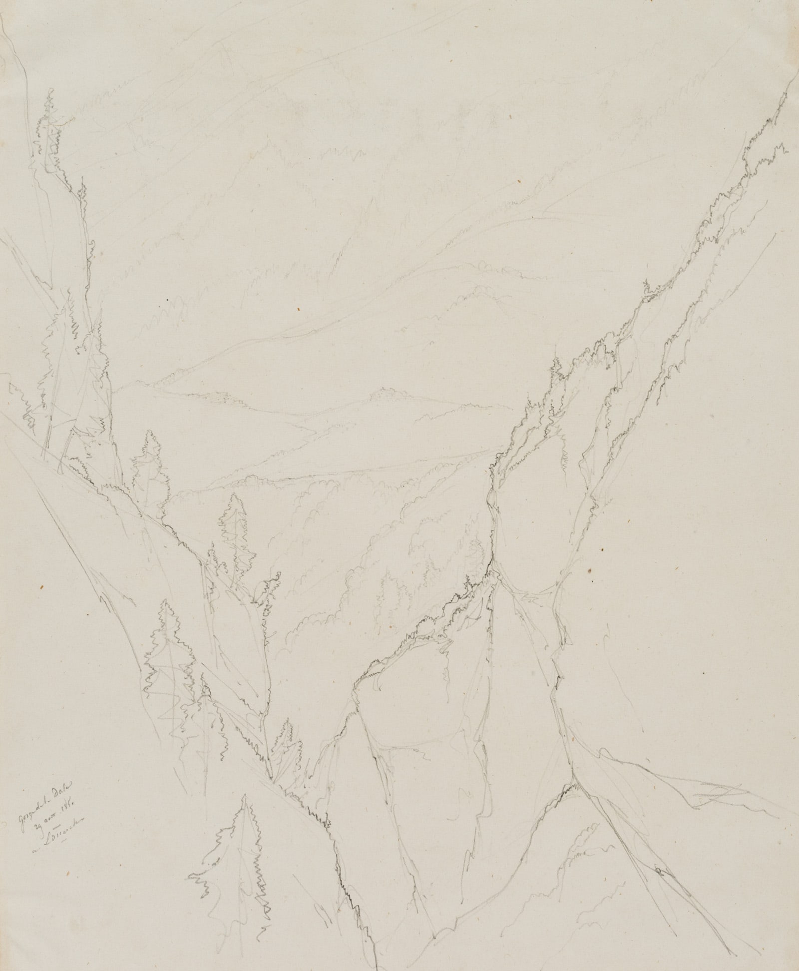 E. BRETENIÈRES (*1804), Dalaschlucht near Leuk, Loéche, Switzerland, 1851, Pencil: Edmond de Bretenières (1804 Dijon - 1882 ibid.): Dala Gorge near Leuk in the canton of Valais, Loéche, Leigg, "Gorge de la Dala à Louesch", journey to Switzerland, sketchbook, 1851, Pen
