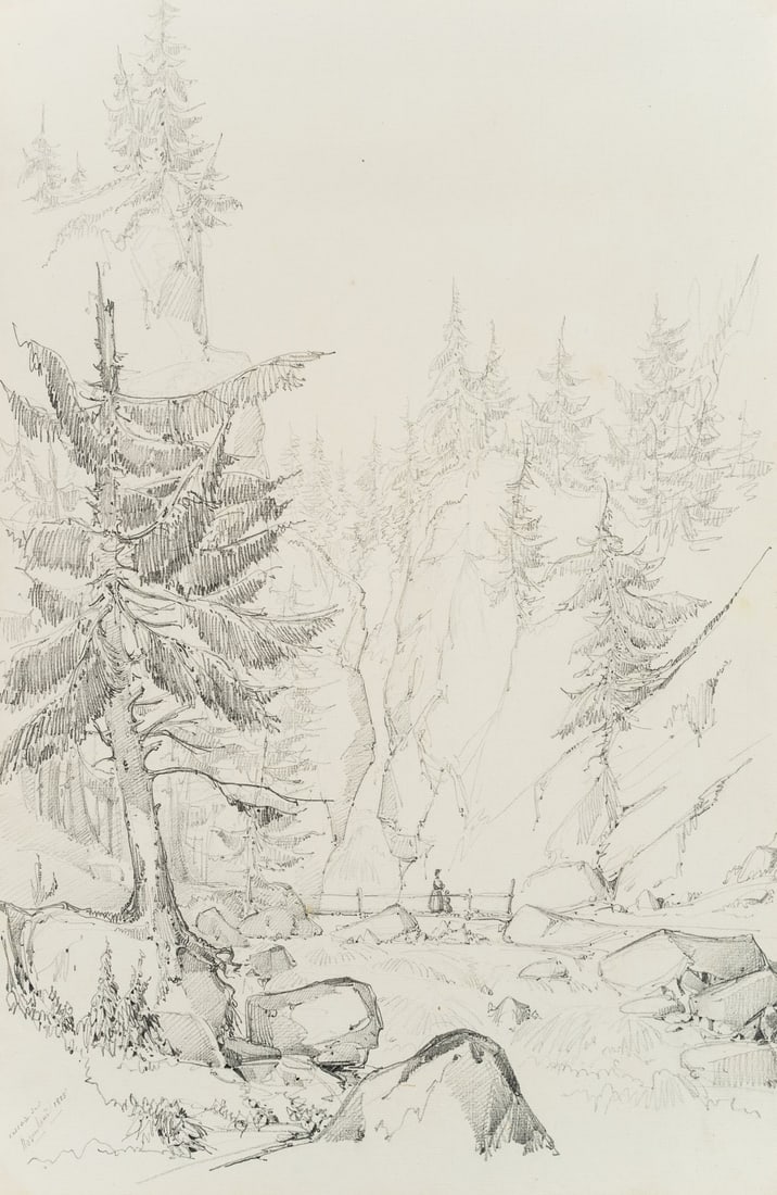 E. BRETENIÈRES (*1804), Waterfall near Rosenlaui, 1835, Pencil: Edmond de Bretenières (1804 Dijon - 1882 ibid.): Waterfall near Rosenlaui in the Reichenbach valley, 1835, Pencil Technique: Pencil on Paper Inscription: inscribed and dated in pencil lower left 