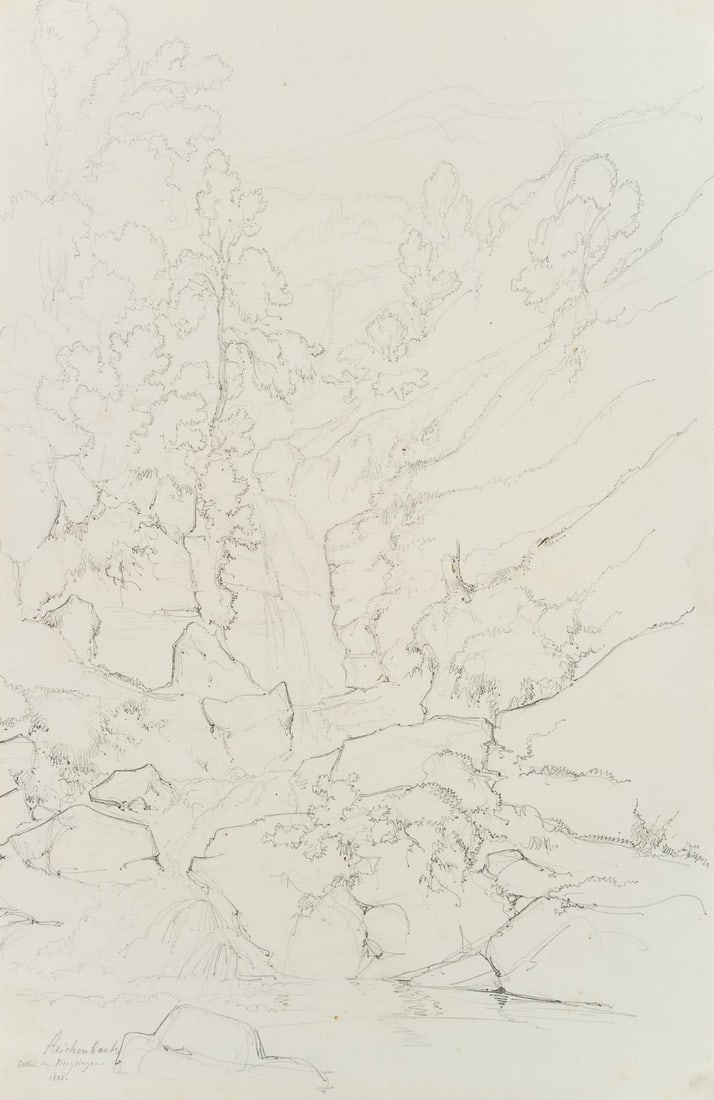 E. BRETENIÈRES (*1804), Waterfall near Meiringen, 1835, Pencil: Edmond de Bretenières (1804 Dijon - 1882 ibid.): Waterfall near Meiringen in the Reichenbach Valley, Journey to Switzerland, Sketchbook, 1835, Pencil Technique: Pencil on Paper Inscription: inscr
