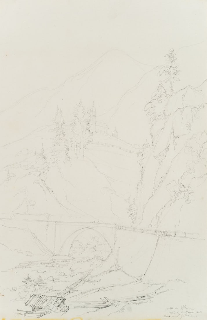 E. BRETENIÈRES (*1804), Bridge near Wassen on the Gotthard Pass, 1835, Pencil: Edmond de Bretenières (1804 Dijon - 1882 ibid.): Bridge in the Reuss Valley near Wassen on the Gotthard Pass, Journey to Switzerland, Sketchbook, 1835, Pencil Technique: Pencil on Paper Inscripti
