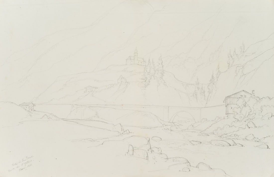 E. BRETENIÈRES (*1804), Bridge near Wassen on the Gotthard Pass, 1835, Pencil (1 of 8)