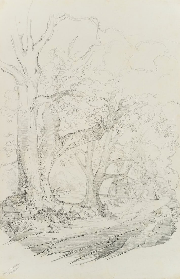 E. BRETENIÈRES (*1804), Interlaken and Brienz in the canton of Bern, 1835, Pencil: Edmond de Bretenières (1804 Dijon - 1882 ibid.): Path between Interlaken and Brienz in the canton of Bern, Journey to Switzerland, Sketchbook, 1835, Pencil Technique: Pencil on Paper Inscription: