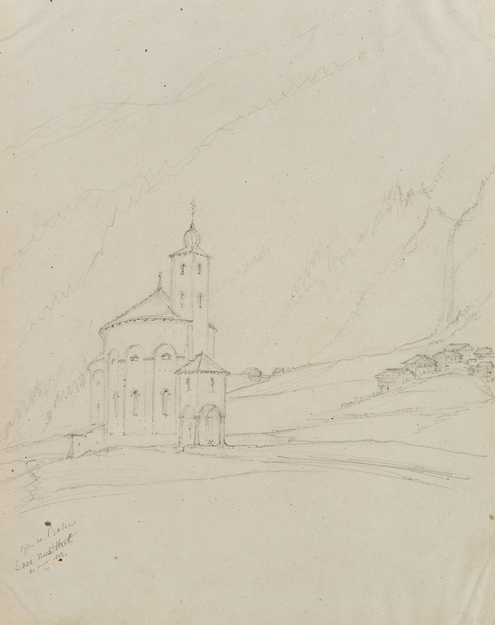 E. BRETENIÈRES (*1804), Round church in Saas-Balen, Valais, Switzerland, 1856, Pencil: Edmond de Bretenières (1804 Dijon - 1882 ibid.): Round church in Saas-Balen in the Saas Valley in the canton of Valais, journey to Switzerland, sketchbook, 1856, Pencil Technique: Pencil on Paper