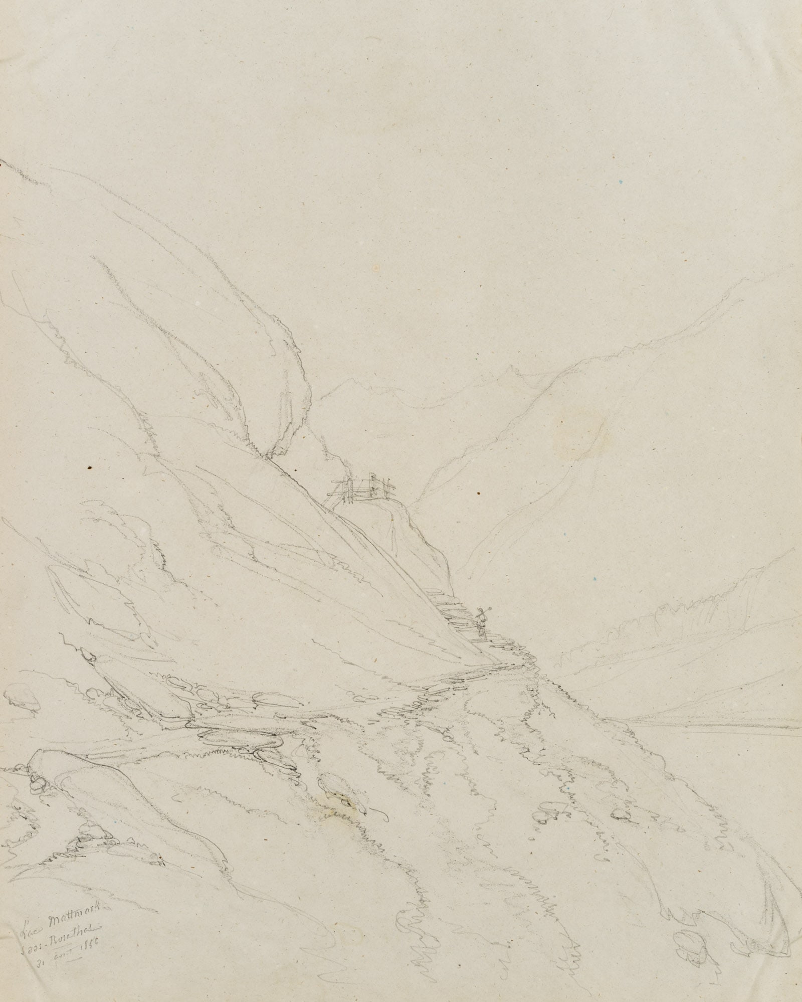 E. BRETENIÈRES (*1804), Mountain trail by Lake Mattmark, Valais, Switzerland, 1856, Pencil: Edmond de Bretenières (1804 Dijon - 1882 ibid.): Mountain path at Lake Mattmark in the canton of Valais, Journey to Switzerland, Sketchbook, 1856, Pencil Technique: Pencil on Paper, mounted on Pa