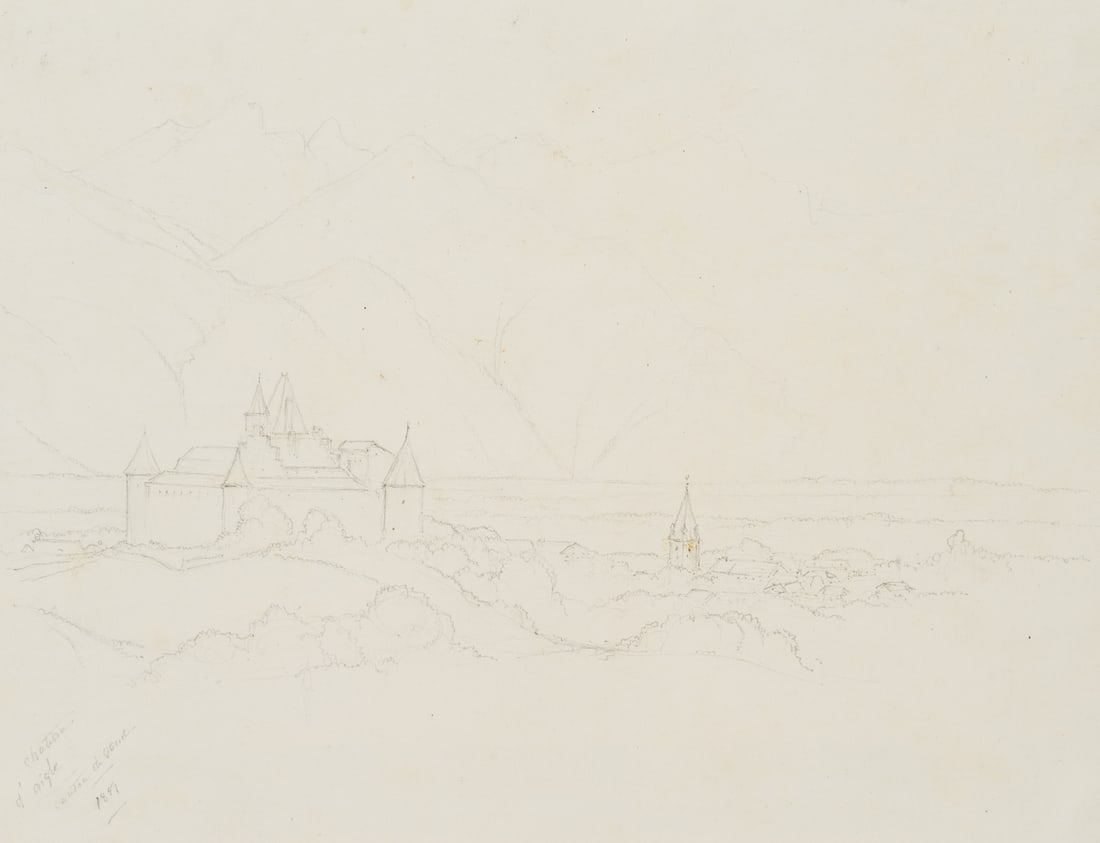 E. BRETENIÈRES (*1804), Aigle Castle against a mountain backdrop, Switzerland, 1851, Pencil: Edmond de Bretenières (1804 Dijon - 1882 ibid.): View of Aigle Castle in front of the mountain range of the Vaud Alps in the Valée du Rhone in the canton of Vaud, "Château d'Aigle", Journey