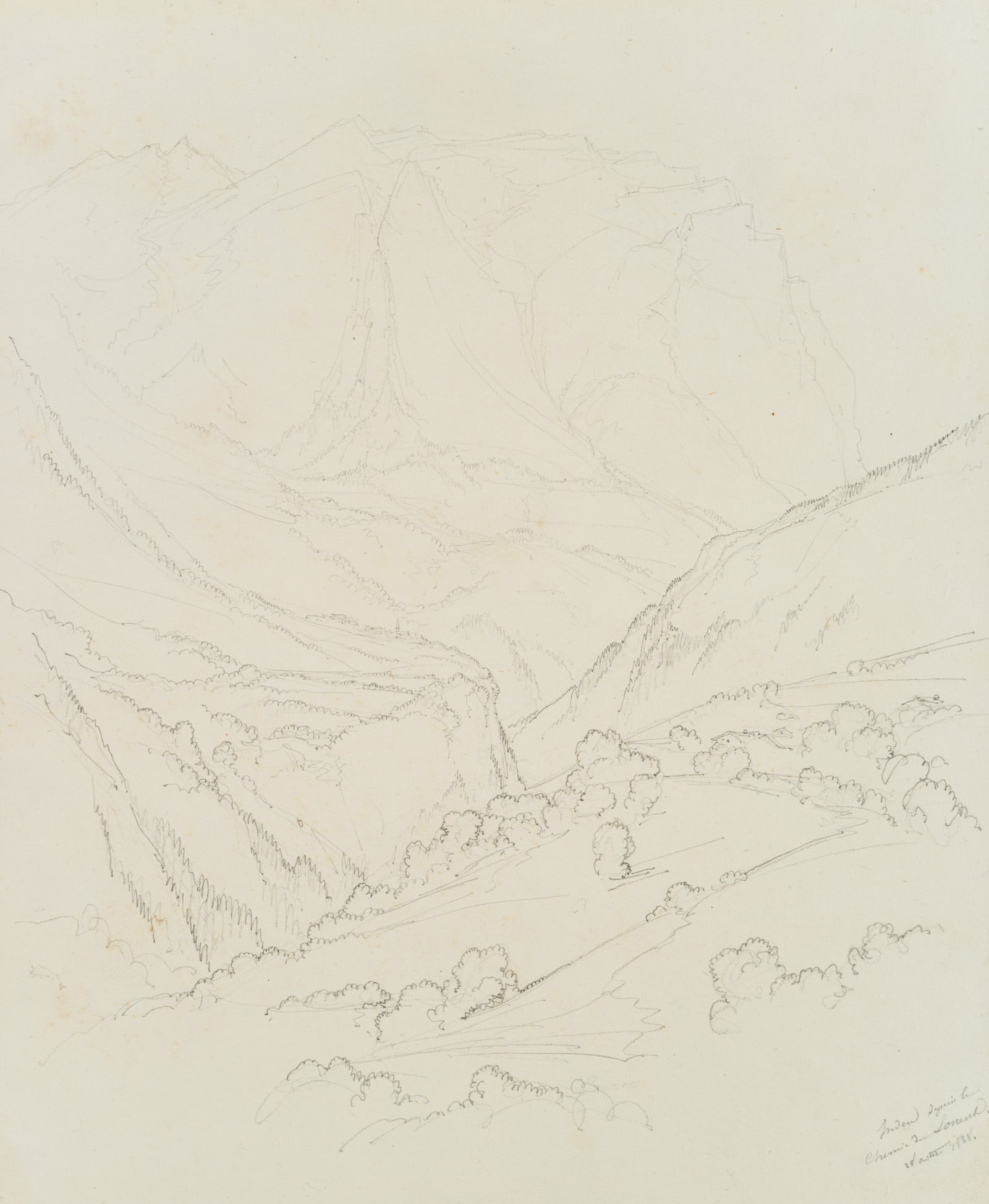 E. BRETENIÈRES (*1804), Inden, after Leuk, Valais, Switzerland, 1838, Pencil: Edmond de Bretenières (1804 Dijon - 1882 ibid.): Inden on a rocky plateau on the way to Leuk in the canton of Valais, Loéche, Leigg, "Inden depuis le chemin de Louesch", Journey to Switzerla
