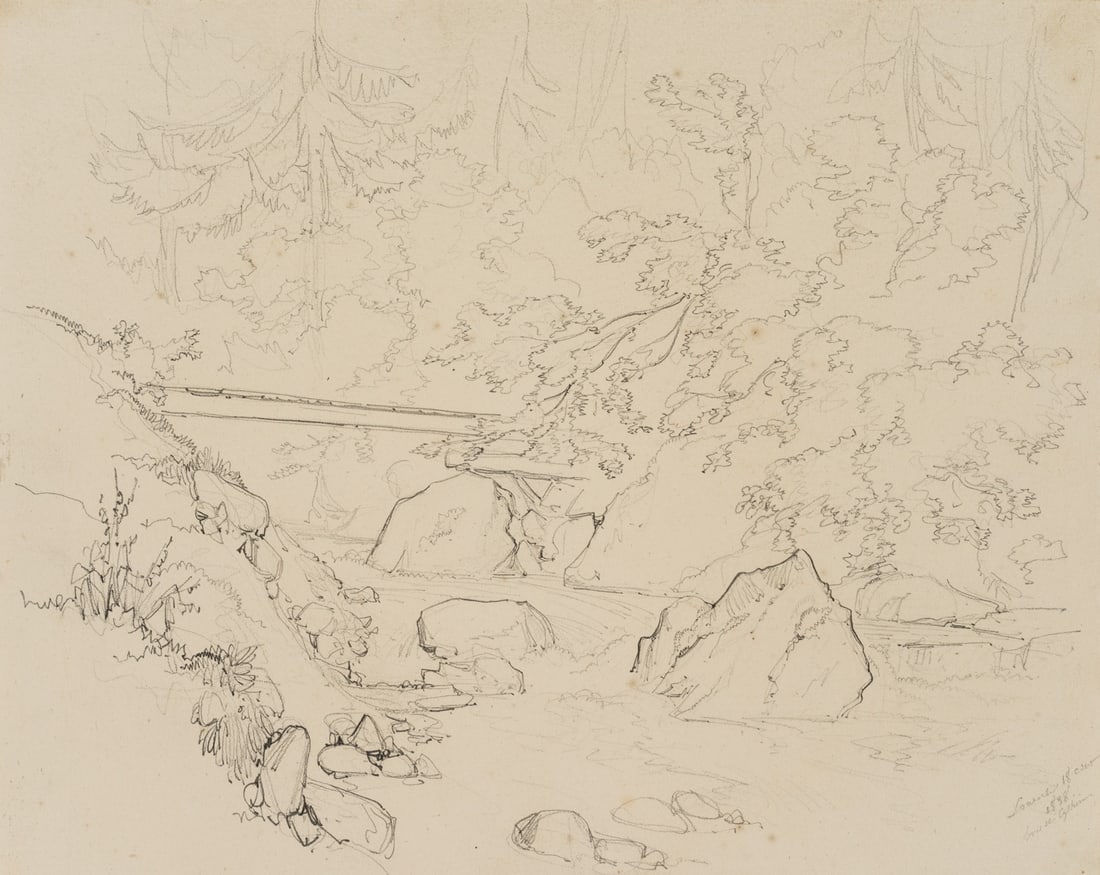 E. BRETENIÈRES (*1804), Footbridge over the Dala, Valais, Switzerland, 1838, Pencil: Edmond de Bretenières (1804 Dijon - 1882 ibid.): Wooden footbridge in the forest over the Dala near Leuk in the canton of Valais, Loéche, Leigg, Journey to Switzerland, Sketchbook, 1838, Pen