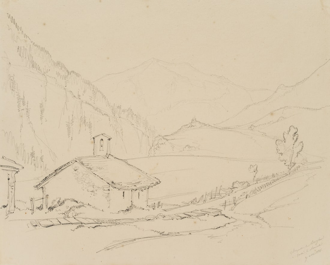 E. BRETENIÈRES (*1804), Chapel in Bürghen near Leuk, Switzerland, 1838, Pencil (1 of 8)