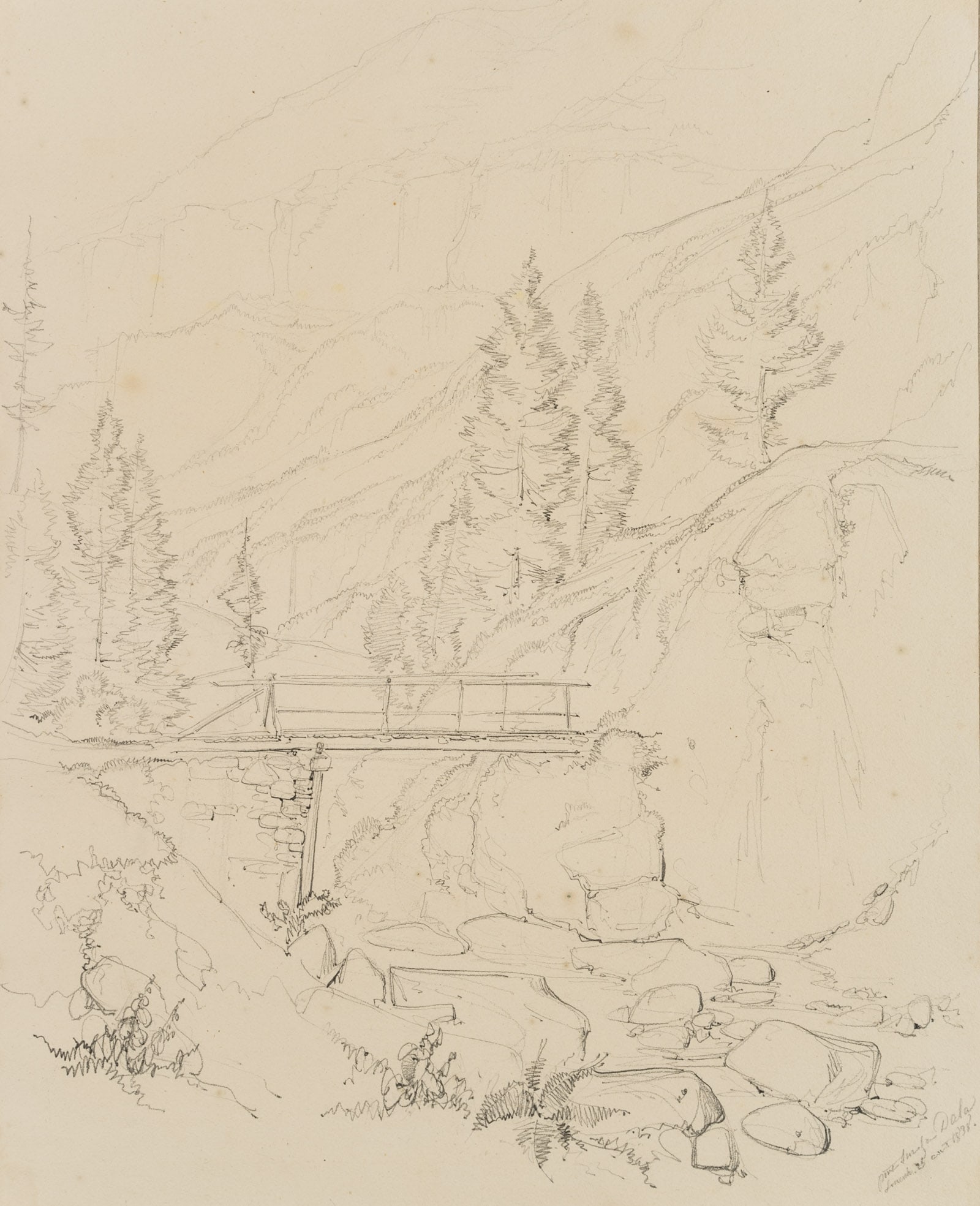 E. BRETENIÈRES (*1804), Dala near Leuk, Switzerland, 1838, Pencil: Edmond de Bretenières (1804 Dijon - 1882 ibid.): Bridge over the Dala near Leuk in the canton of Valais, Loéche, Leigg, Journey to Switzerland, Sketchbook, 1838, Pencil Technique: Pencil on 