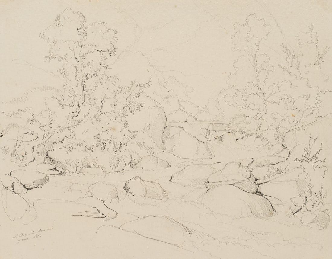 E. BRETENIÈRES (*1804), The Dala Rapids, Leuk, 1838, Pencil: Edmond de Bretenières (1804 Dijon - 1882 ibid.): Rapids of the Dala near Leukerbad in the canton of Valais, Loéche-les-Bains, Leiggerbad, Journey to Switzerland, Sketchbook, 1838, Pencil Tec