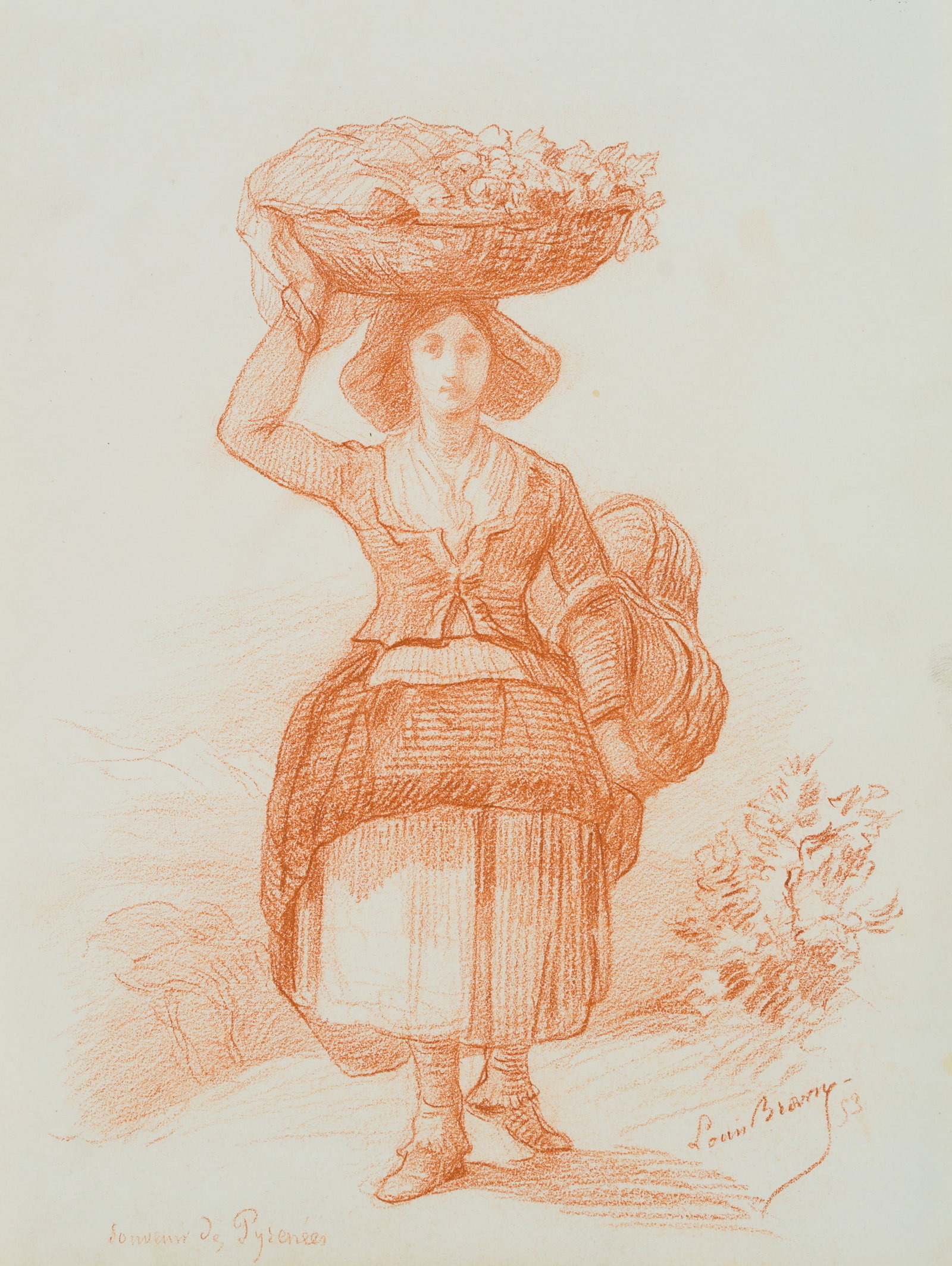 L. BROWNE (19th), Young farmer's wife in traditional dress, Pyrenees, 1853, Red chalk drawing: Louis Browne (19th century): Full-length portrait of a country woman wearing a traditional costume and carrying a large basket on her head Traditional costume Pyrenees, 1853, Red chalk drawing Techniq