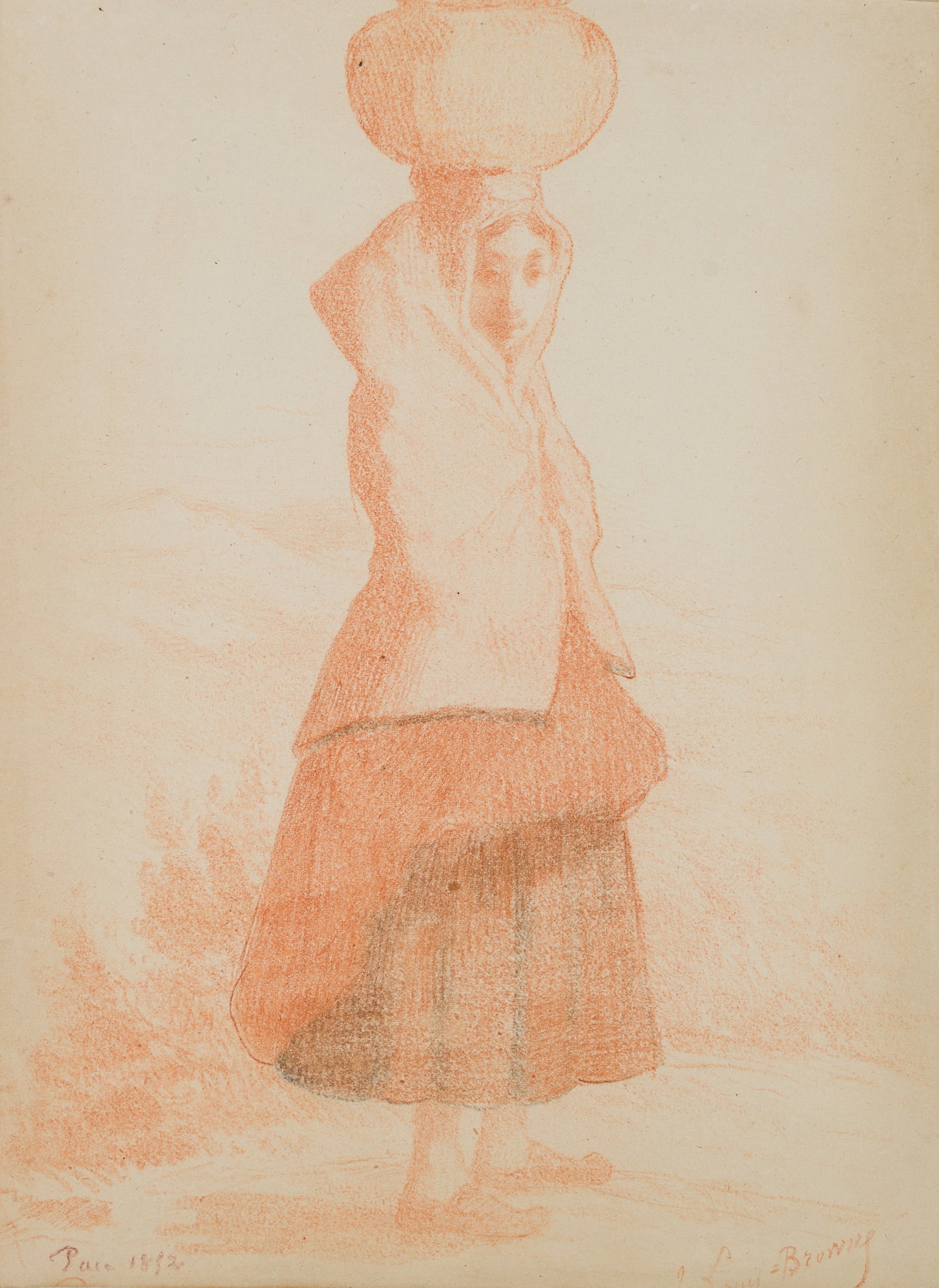 L. BROWNE (19th), Girl in traditional dress with a basket, Pyrenees, 1852, Red chalk drawing (1 of 4)
