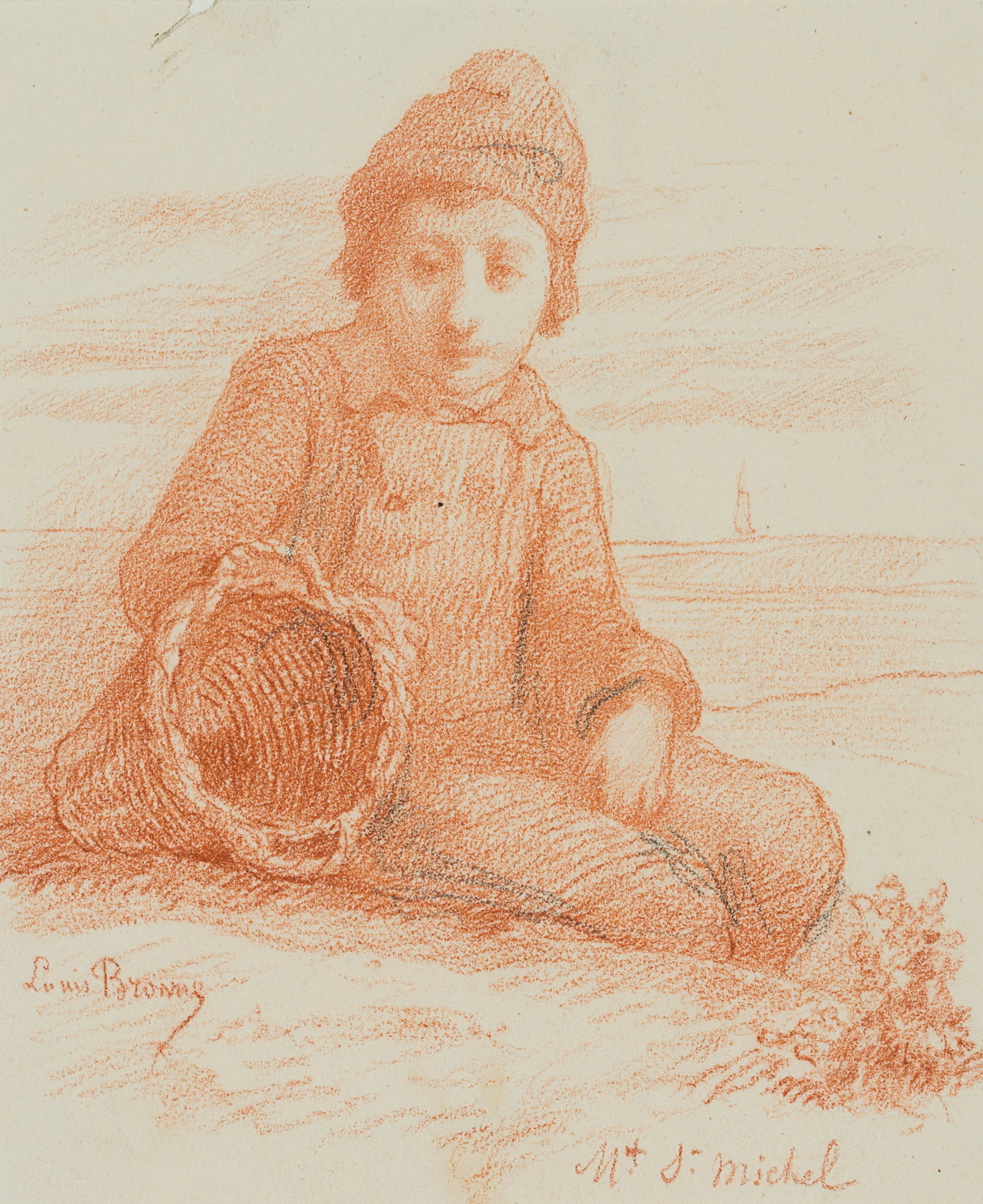 L. BROWNE (19th), A young fisherman sitting on the beach, around 1853, Red chalk drawing (1 of 4)
