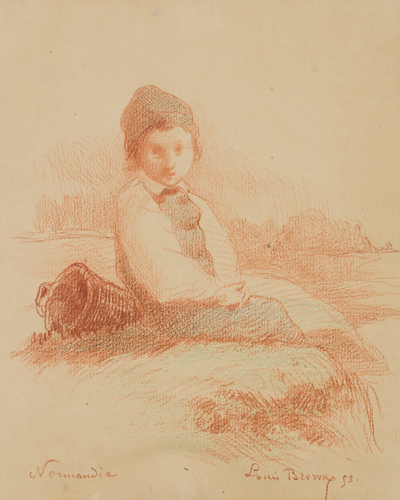 L. BROWNE (19th), A boy sitting on the beach, Normandy, 1853, Red chalk drawing (1 of 4)