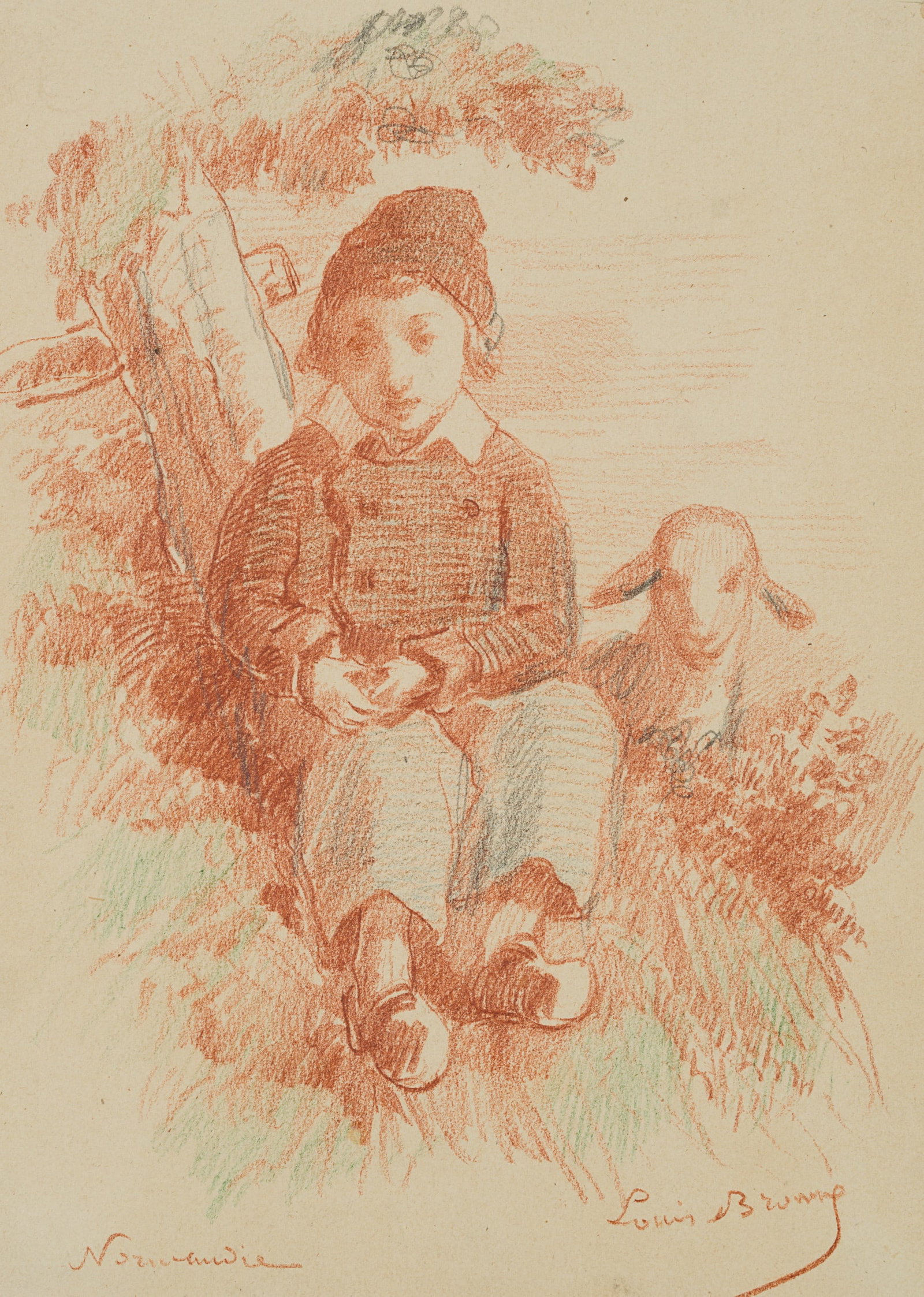 L. BROWNE (19th), Boy with a lamb, Normandy, around 1853, Red chalk drawing (1 of 4)