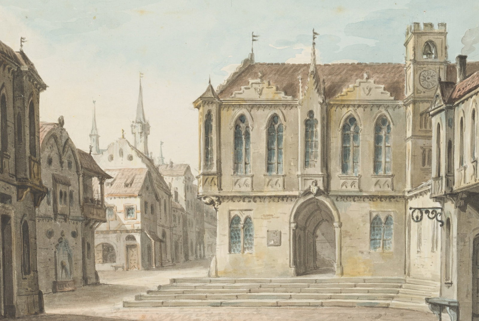 L. CHOULANT (1827-1900), Medieval town with a town hall, Watercolor (1 of 4)