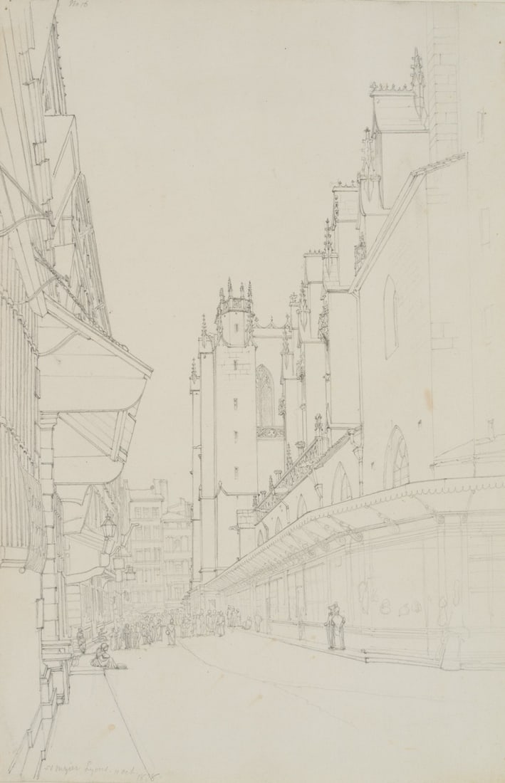 W. CLARKE (1806-1865), Saint Nizier in Lyon, 1838, Pencil: William Barnard Clarke (1806 Cheshunt, Hertfordshire - 1865 Freiburg im Breisgau): Saint Nizier in Lyon Street scene next to the Gothic church, 1838, Pencil Technique: Pencil on Paper Inscription: Upp